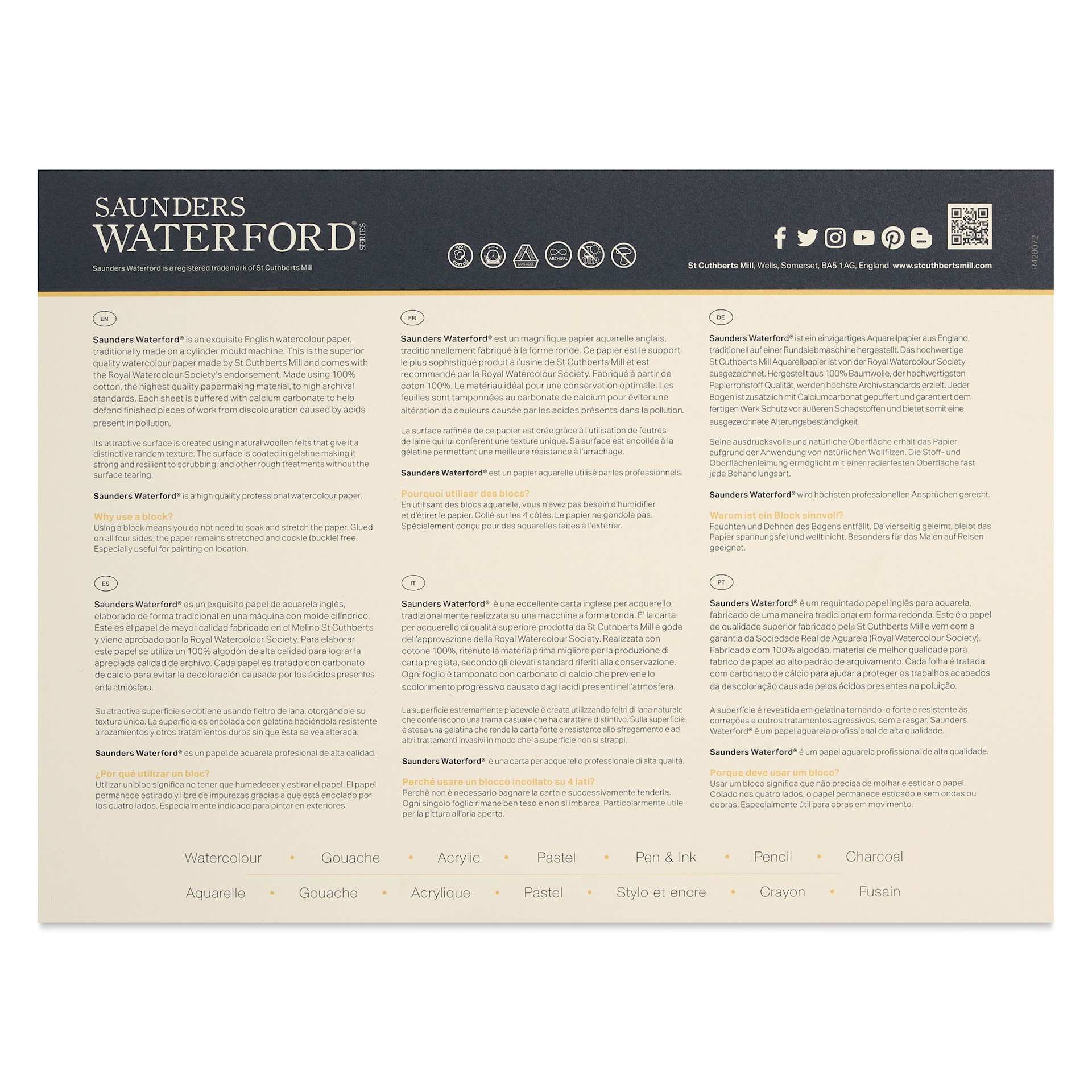 Saunders Waterford Watercolor Blocks - Back cover of 20 sheet Cold Press Block