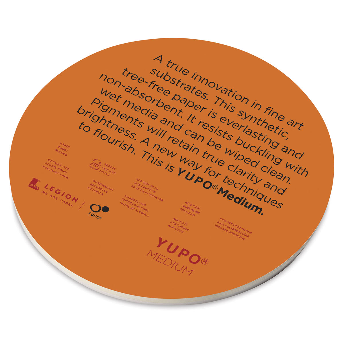 Legion Yupo Round Synthetic Paper - Angled view of 12" 10 sheet package
