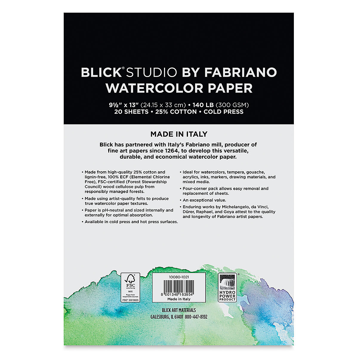 Watercolor Paper, Pkg of 20 Sheets Cold Press 9 1/2" X 13" 140lb Back of Package
Watercolor Paper, Pkg of 20 Sheets Cold Press 9 1/2" X 13" 140lb Back of Package