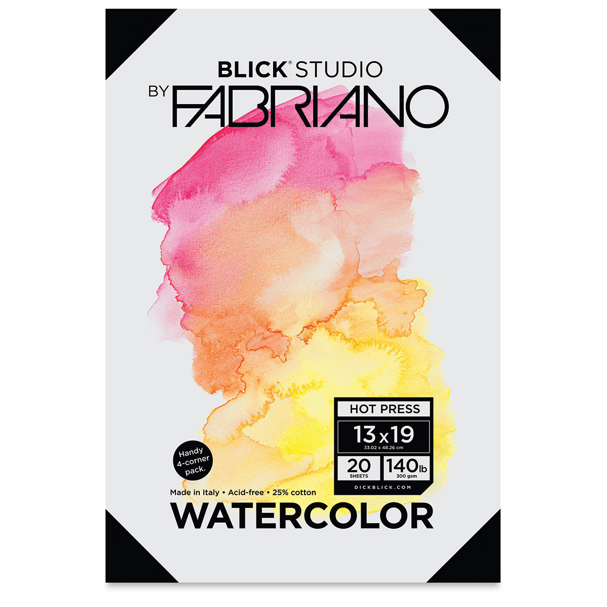 Watercolor Paper, Pkg of 20 Sheets-Hot Press 13" x 19" 140lb Front of Package
Watercolor Paper, Pkg of 20 Sheets-Hot Press 13" x 19" 140lb Front of Package