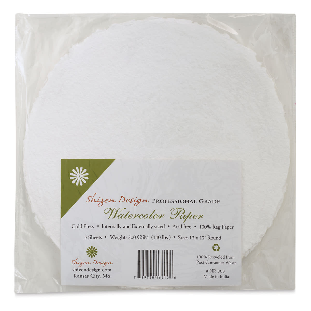 Shizen Watercolor Paper -  12" Round Deckle Edge, Cold Press, 5 Sheets