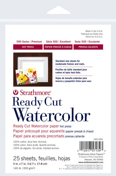 Front of package of Ready Cut Watercolor Sheets - Hot press, 5"x 7" Front of package of Ready Cut Watercolor Sheets - Hot press, 5"x 7"