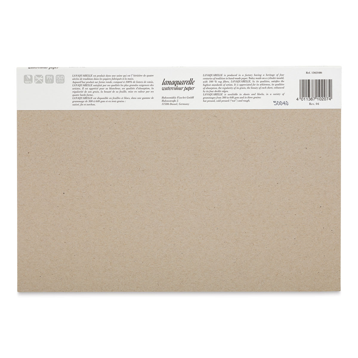 Lanaquarelle Watercolor Block - 7" x 10", Hot Press, 20 Sheets - back of packaging