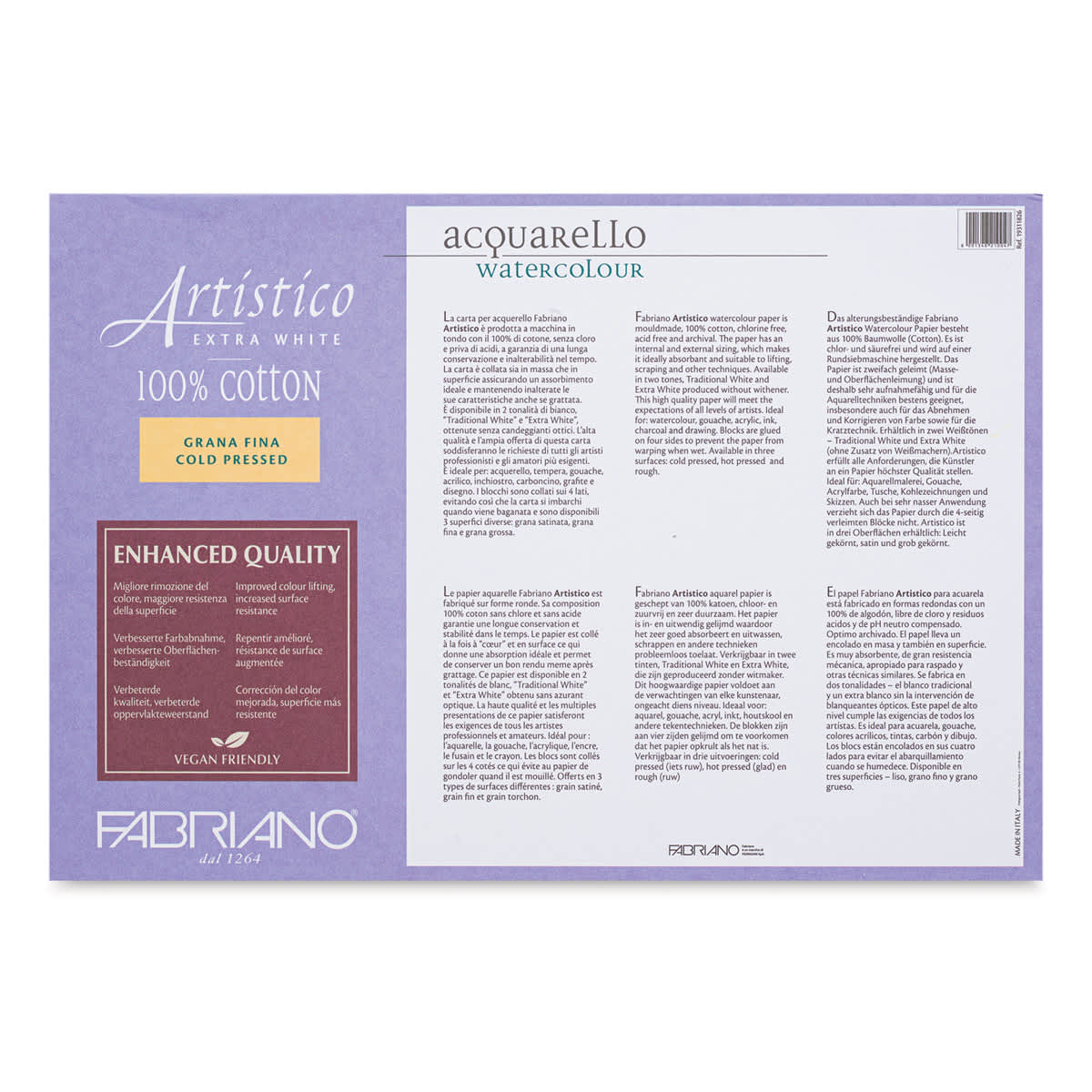 Fabriano Artistico Enhanced Watercolor Block - Extra White, Cold Press, 7" x 10" (back)