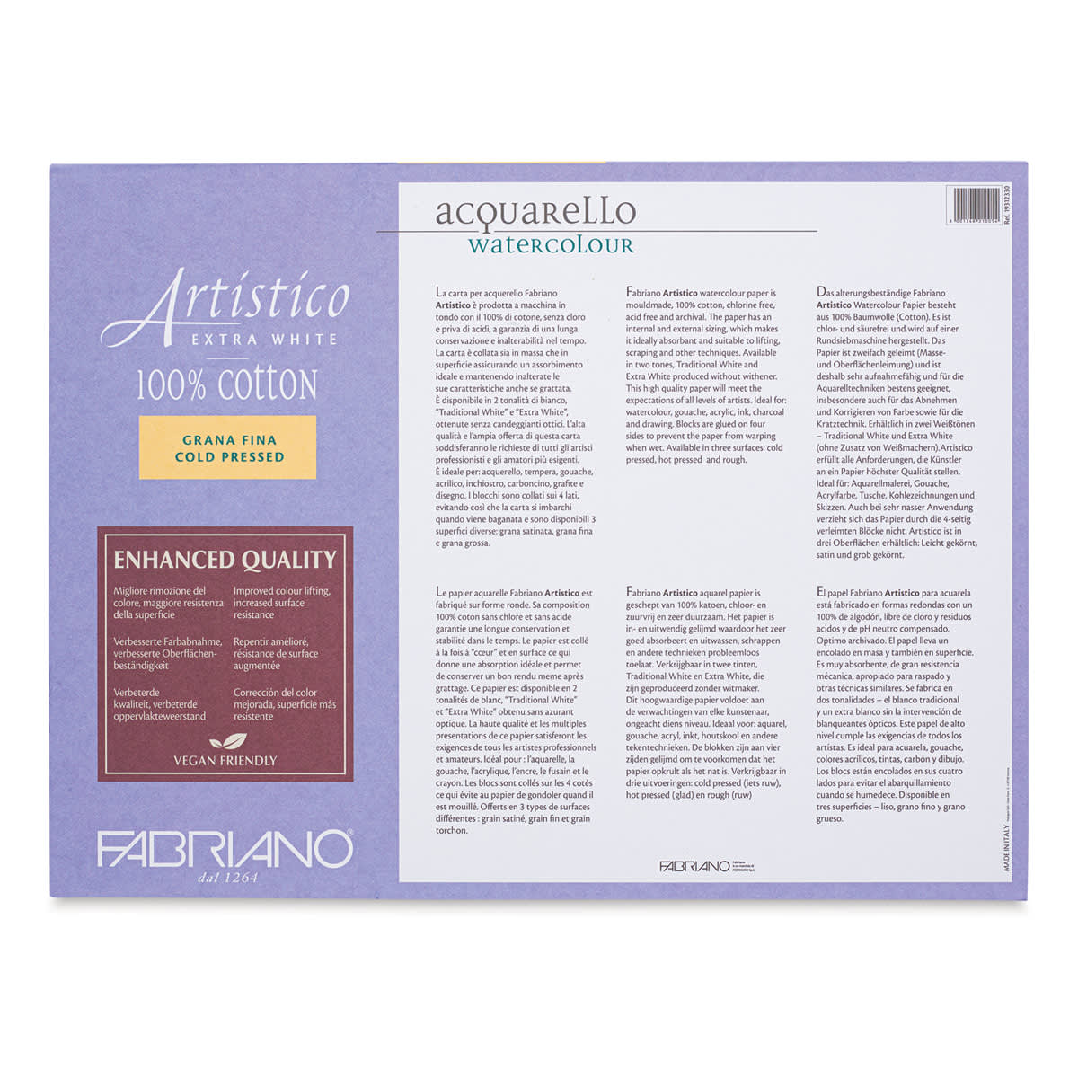 Fabriano Artistico Enhanced Watercolor Block - Extra White, Cold Press, 9" x 12" (back of block)