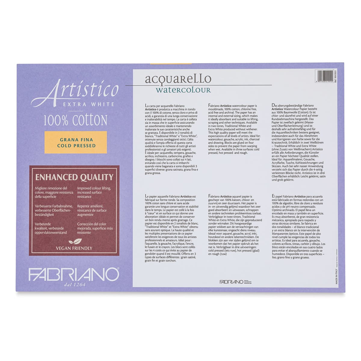 Fabriano Artistico Enhanced Watercolor Block - Extra White, Cold Press, 14" x  20" (back)