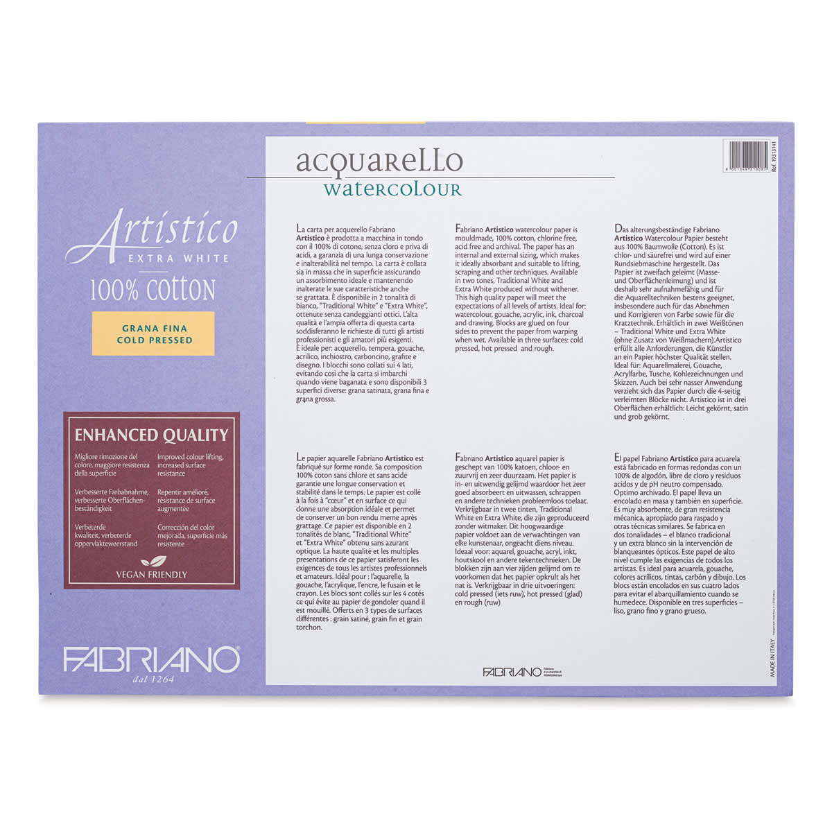 Fabriano Artistico Enhanced Watercolor Block - Extra White, Cold Press, 12" x 16" (back) Fabriano Artistico Enhanced Watercolor Block - Extra White, Cold Press, 12" x 16" (back)
