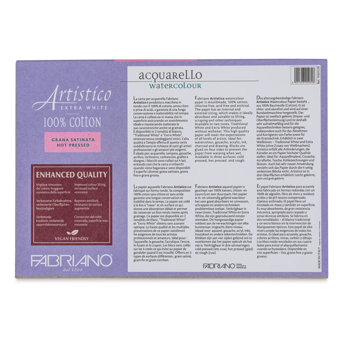 Fabriano Artistico Enhanced Watercolor Block - Extra White, Hot Press, 5" x 7" (back)