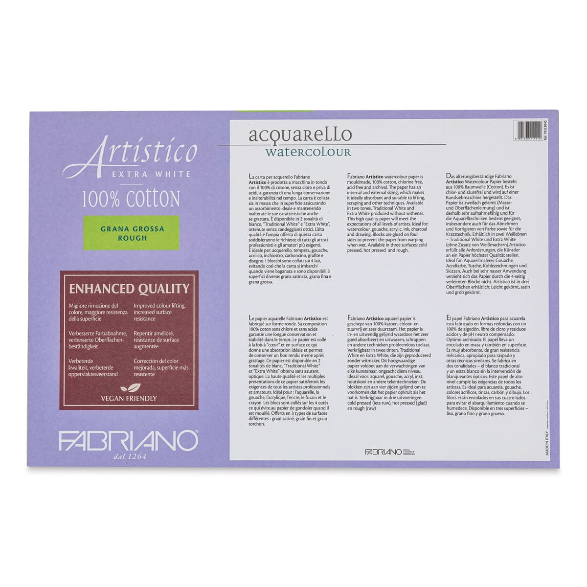 Fabriano Artistico Enhanced Watercolor Block - Extra White, Rough Press, 12" x 18" (back)