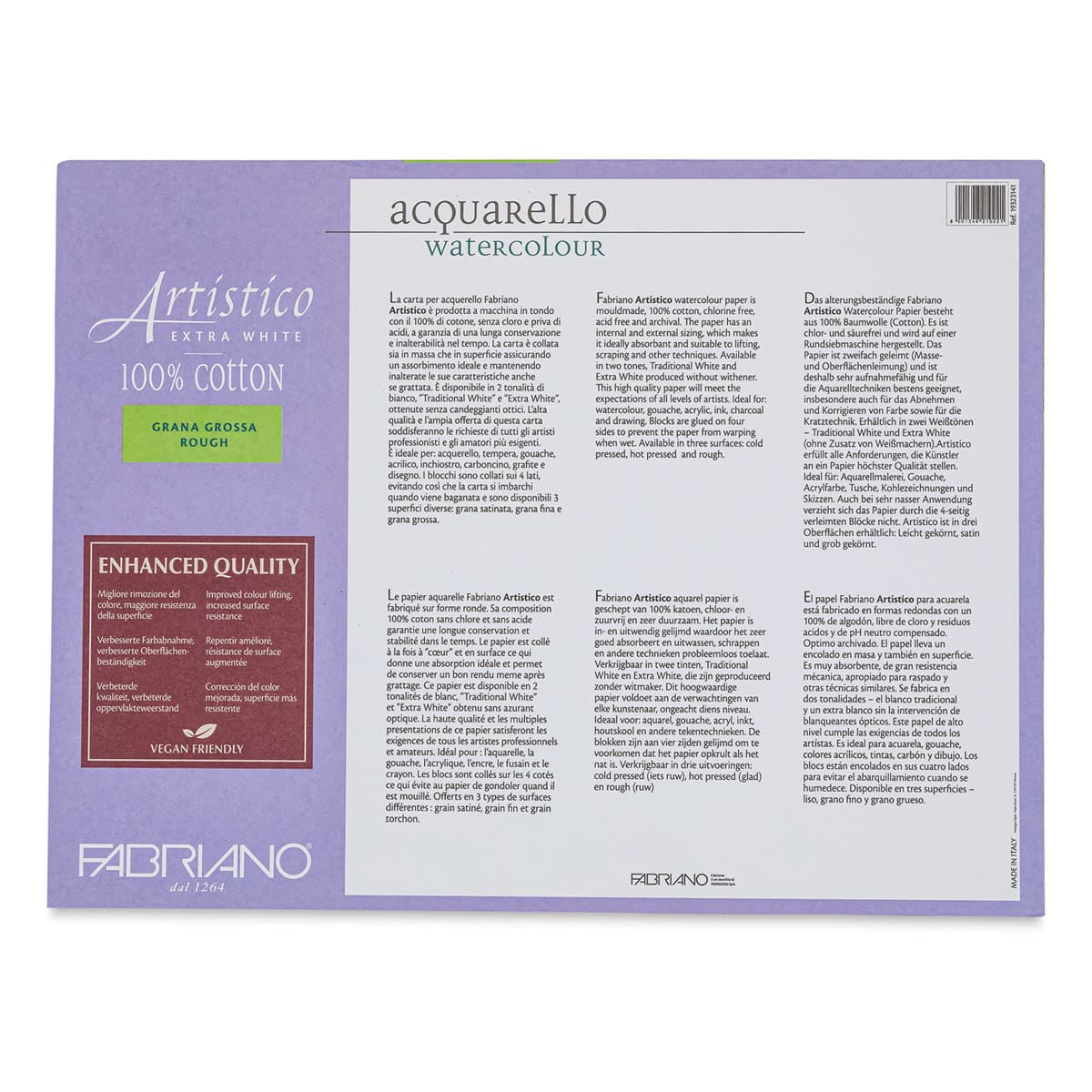 Fabriano Artistico Enhanced Watercolor Block - Extra White, Rough Press, 12" x 16" (back)