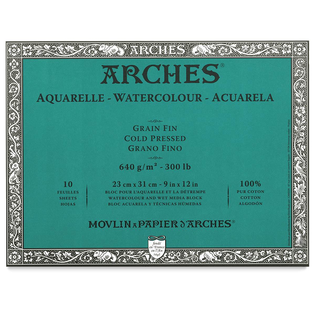 Arches Watercolor Blocks - 9" x 12", Cold Press, 300 lb (640 gsm), 10 sheets. Teal cover. Arches Watercolor Blocks - 9" x 12", Cold Press, 300 lb (640 gsm), 10 sheets. Teal cover.