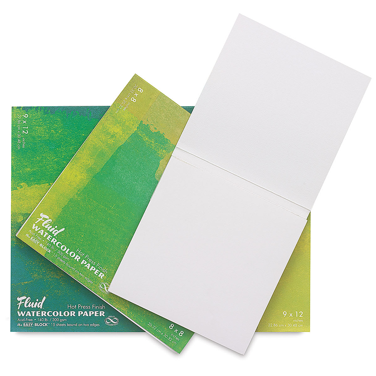Fluid Easy-Block Watercolor Paper Blocks - Top view of Assorted Hot Press Blocks shown, 1 pad open Fluid Easy-Block Watercolor Paper Blocks - Top view of Assorted Hot Press Blocks shown, 1 pad open