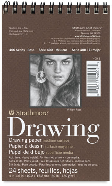 Strathmore 400 Series Drawing Paper Pads - 4" x 6", 24 sheets. Front of spiral bound pad. Strathmore 400 Series Drawing Paper Pads - 4" x 6", 24 sheets. Front of spiral bound pad.