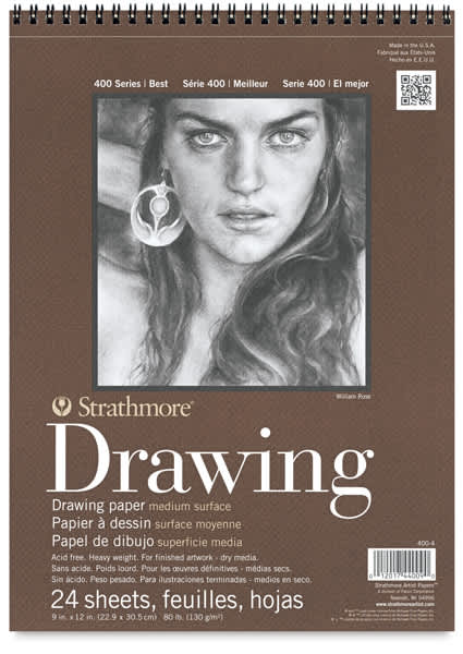 Strathmore 400 Series Drawing Paper Pads - 9" x 12", 24 sheets. Front of spriral bound pad. Strathmore 400 Series Drawing Paper Pads - 9" x 12", 24 sheets. Front of spriral bound pad.