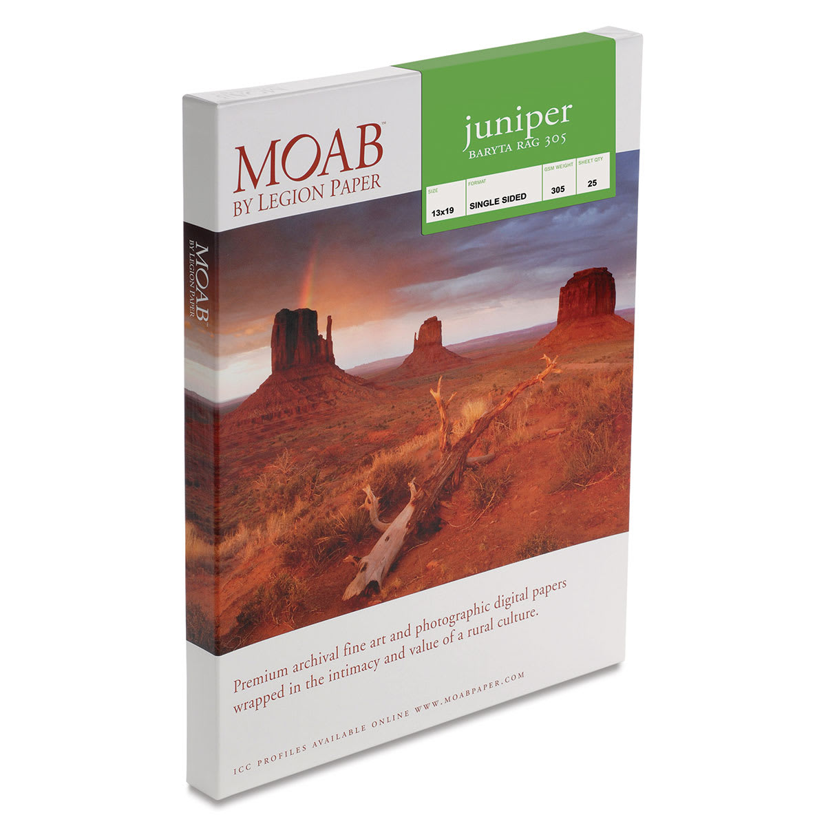 Legion Moab Juniper Baryta Rag Paper - Angled view of upright package of 25 sheets
Legion Moab Juniper Baryta Rag Paper - Angled view of upright package of 25 sheets