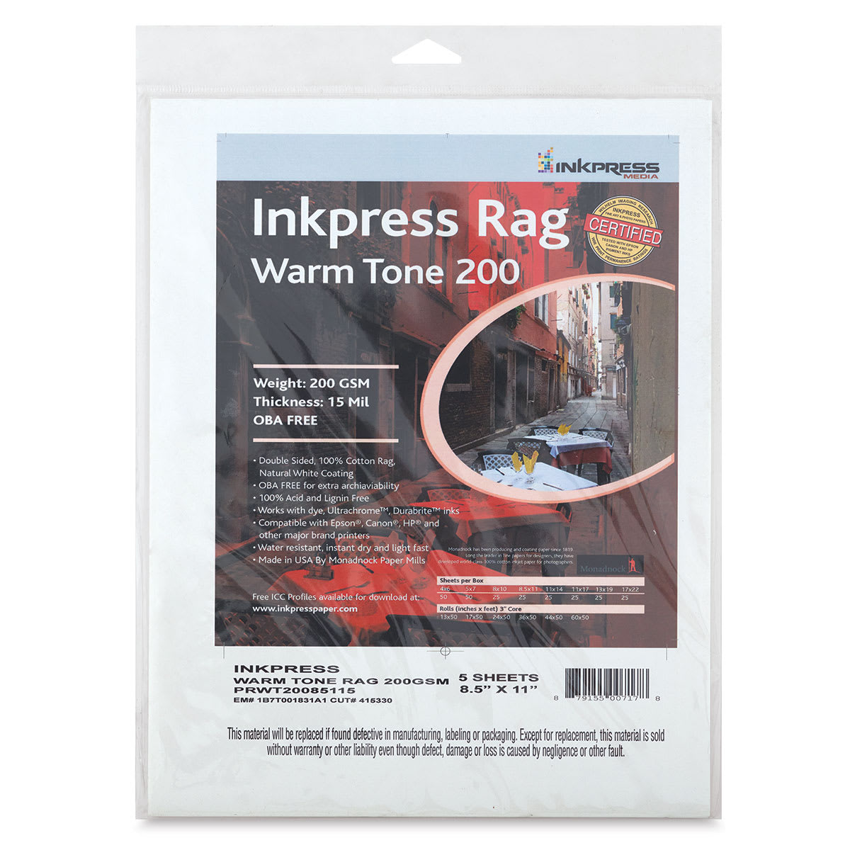 Inkpress Rag Digital Paper - Front of Warm Tone 25 sheet package with label
