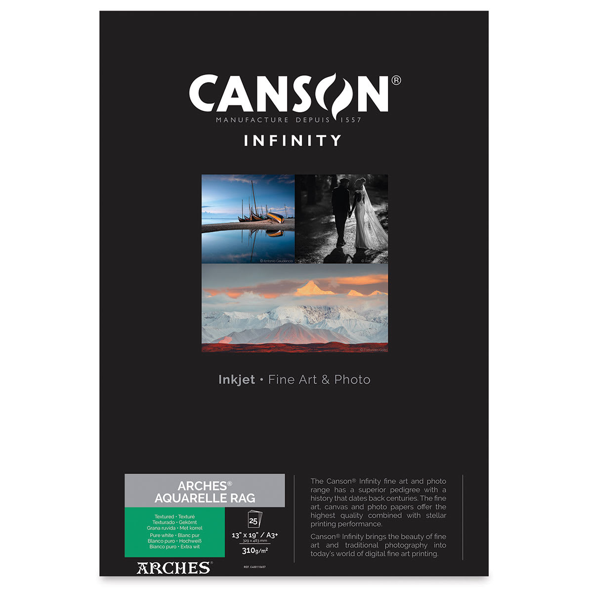 Canson Infinity Arches Aquarelle Rag Inkjet Paper - 13" x 19", A3+, 310 gsm, Package of 25