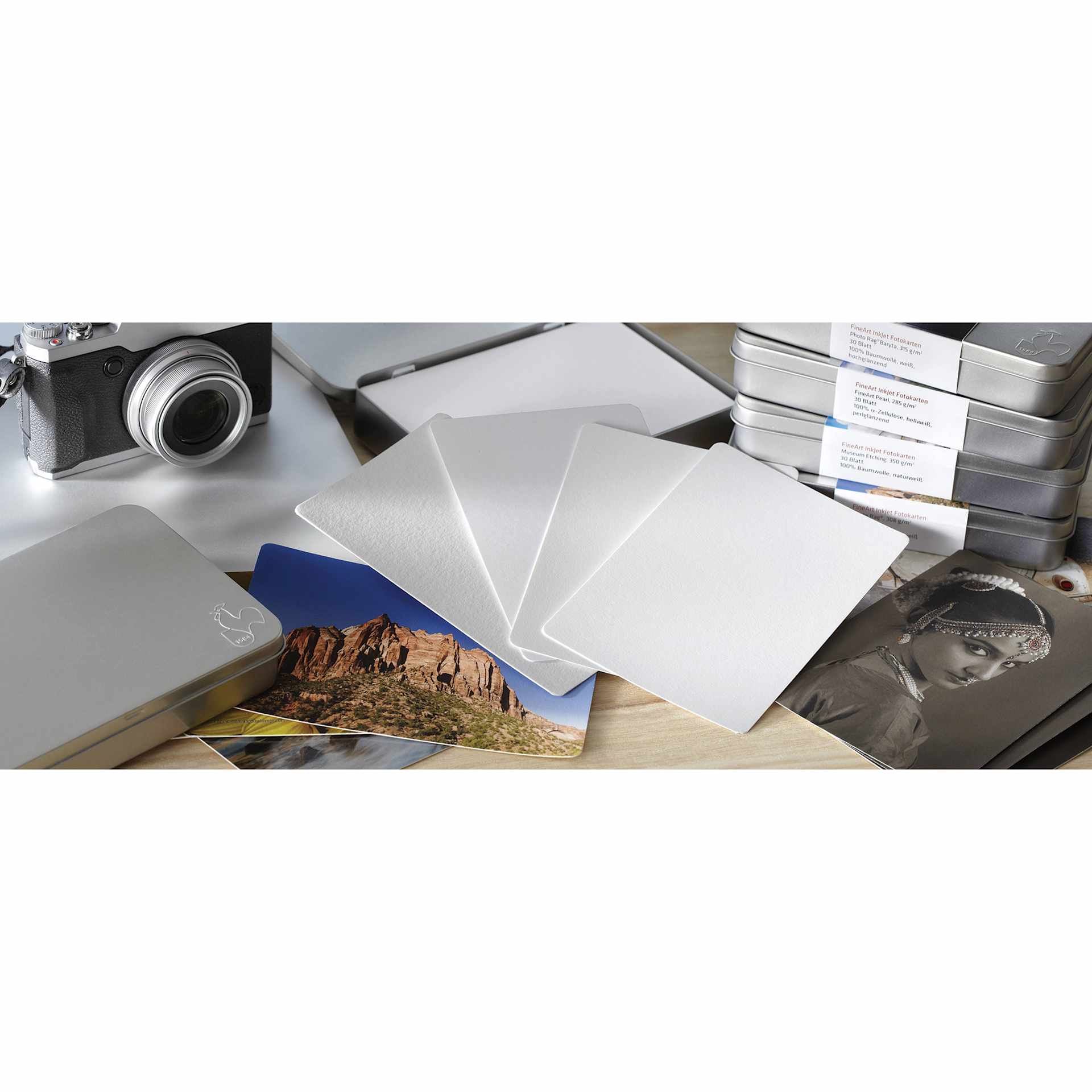Hahnemühle FineArt Pearl Inkjet Photo Cards (Blank photo cards fanned out)