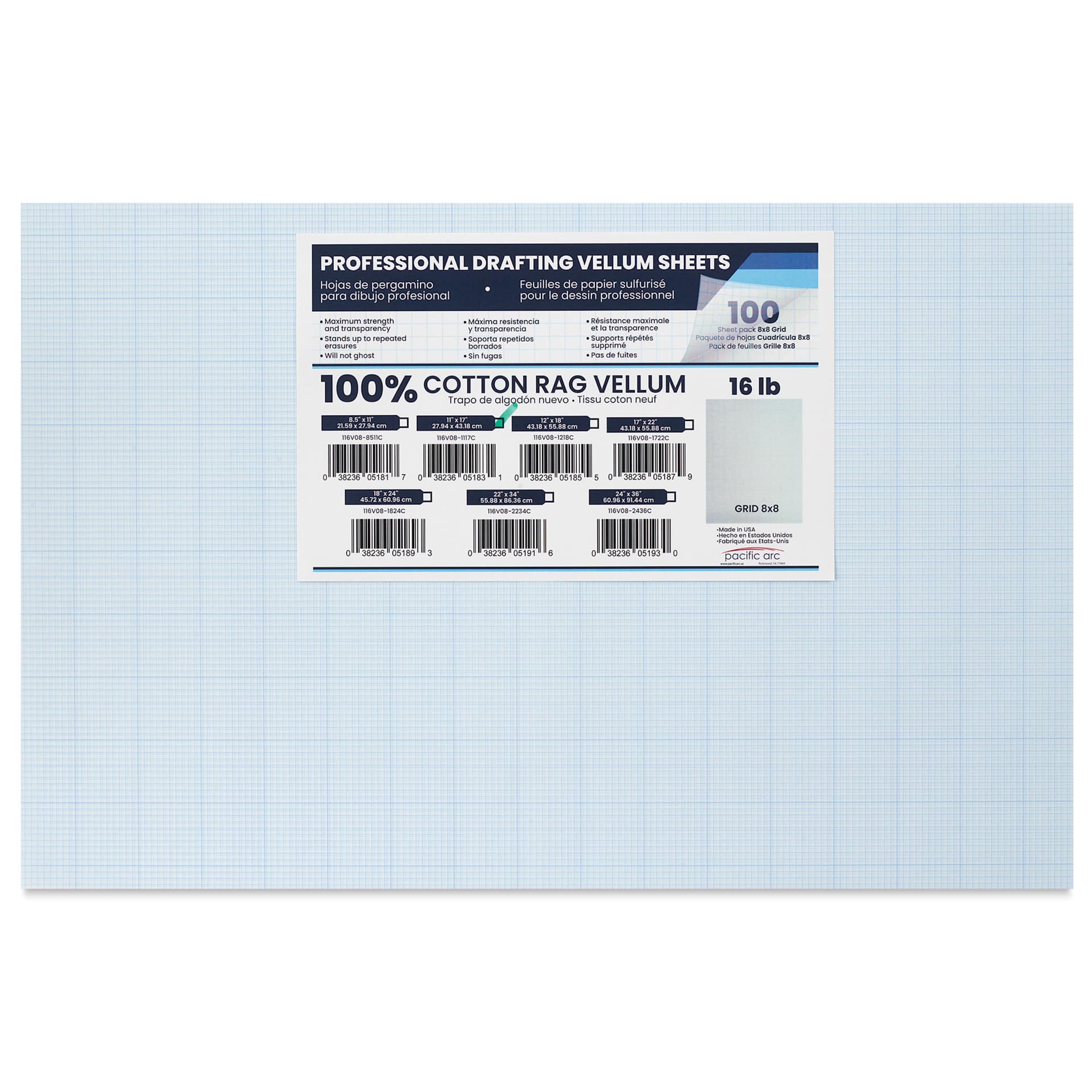Pacific Arc Gridded Drafting Vellum Pack - 8 x 8 Grid, 11" x 17". Pkg of 100, packaging