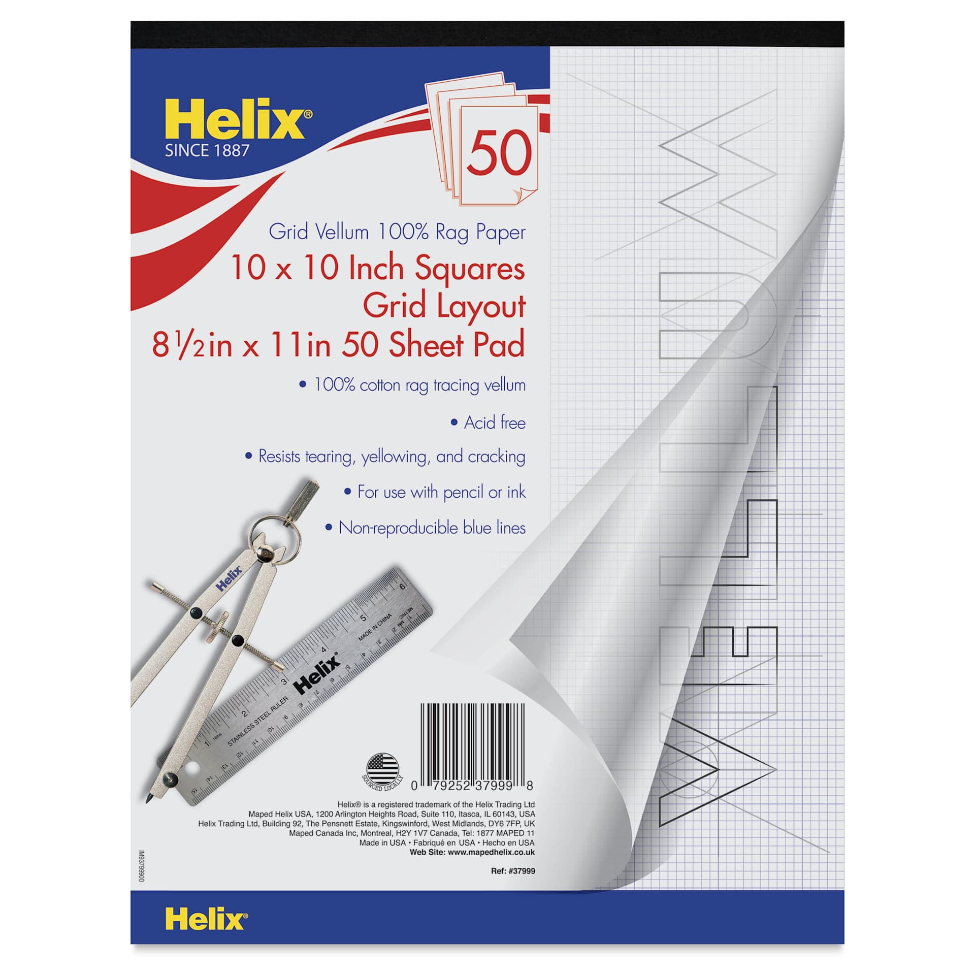 Helix Grid Vellum Paper Pad - 10 x 10, 8-1/2" x 11", front of pad Helix Grid Vellum Paper Pad - 10 x 10, 8-1/2" x 11", front of pad