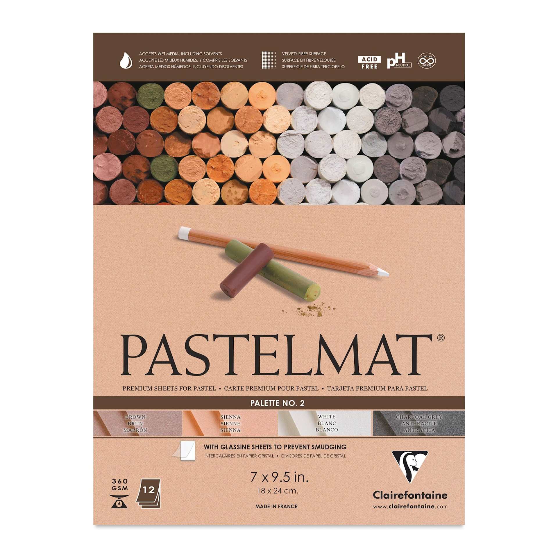 Clairefontaine Pastelmat Pad - 7" x 9-1/2", Assorted, Palette No. 2, 12 Sheets (front of pad) Clairefontaine Pastelmat Pad - 7" x 9-1/2", Assorted, Palette No. 2, 12 Sheets (front of pad)