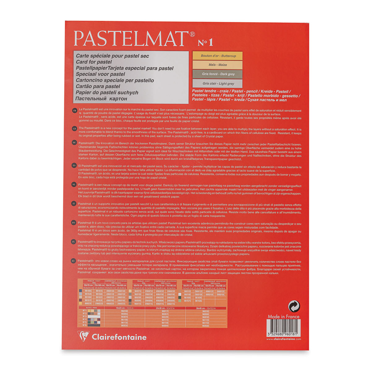 Clairefontaine Pastelmat Pad - 12" x 15-1/2", Assorted, Palette No. 1, 12 Sheets (back cover)