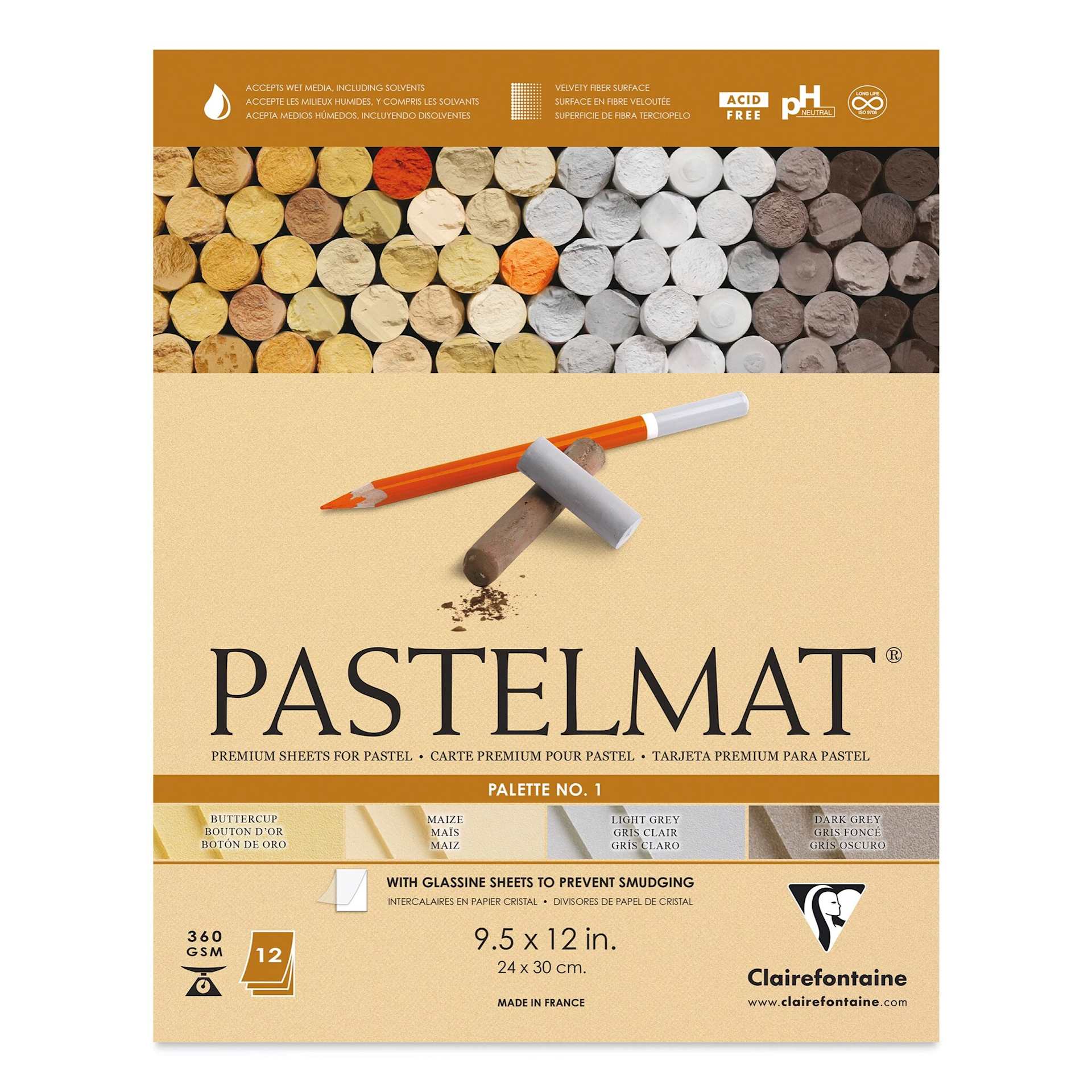 Clairefontaine Pastelmat Pad - 9-1/2" x 12", Assorted, Palette No. 1, 12 Sheets (front of pad) Clairefontaine Pastelmat Pad - 9-1/2" x 12", Assorted, Palette No. 1, 12 Sheets (front of pad)
