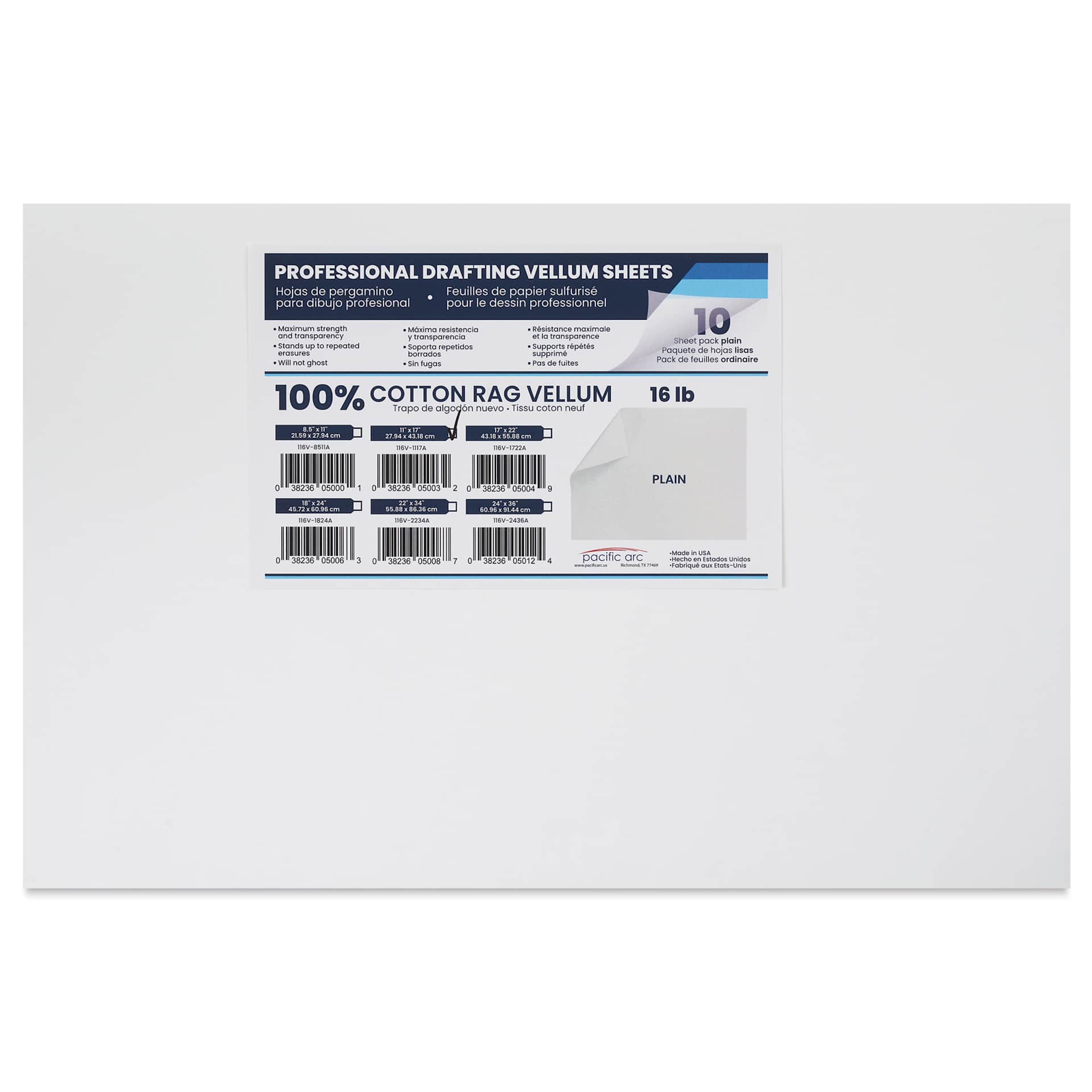 Pacific Arc Drafting Vellum Sheet Pack - 11" x 17", Pkg of 10, packaging