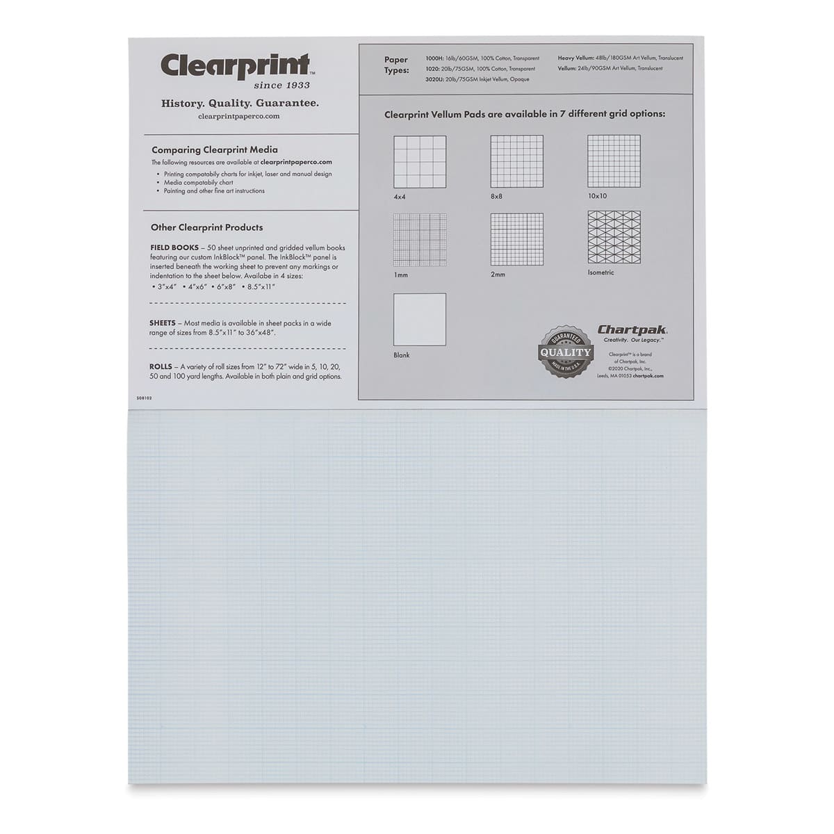 Clearprint Drafting and Design Fade-Out Vellum - 11" x 17", 8 x 8 Grid, 50 Sheets