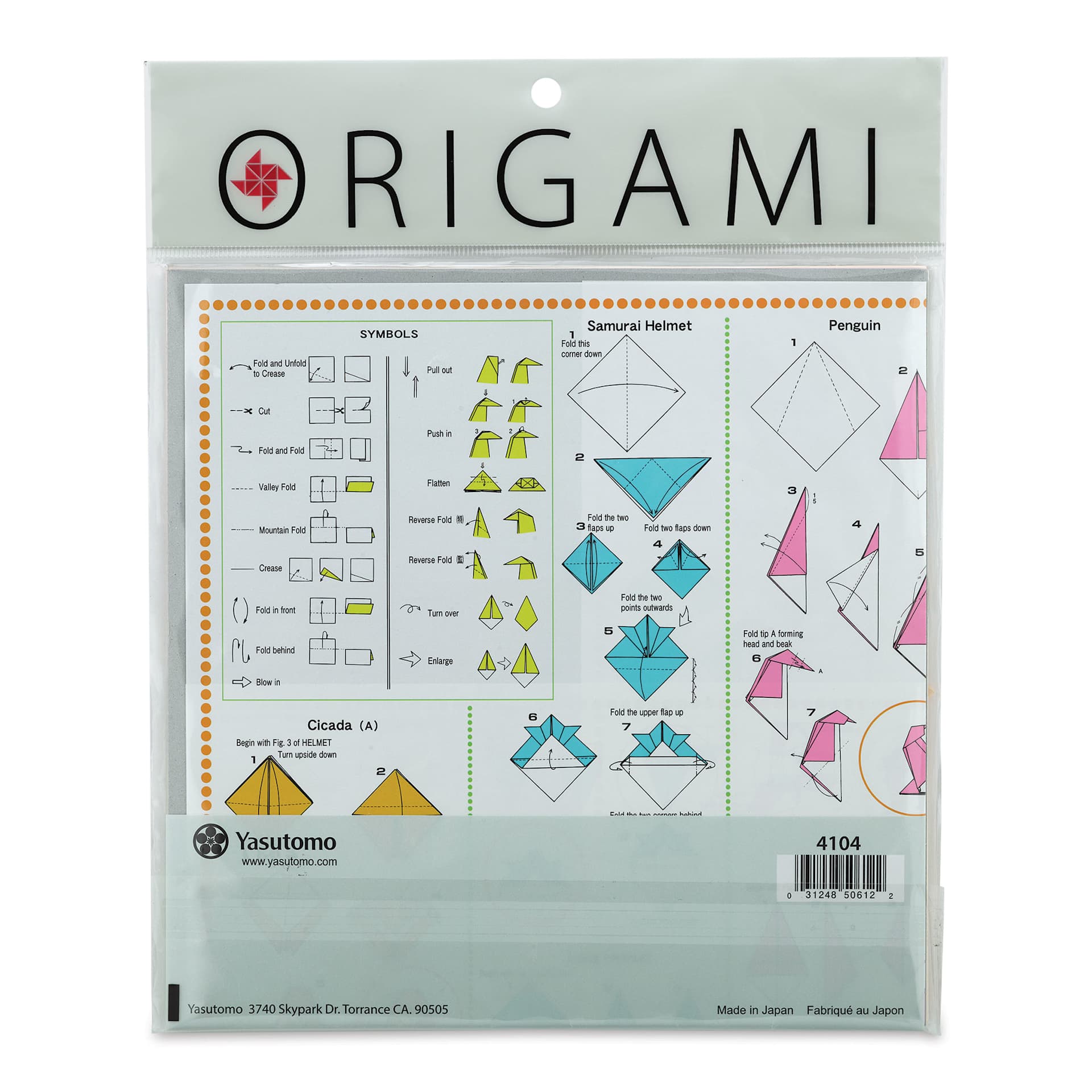 Yasutomo Origami Colored Paper Assortment - Assorted Sizes, Medium, Pkg of 55 Sheets (back of package)
