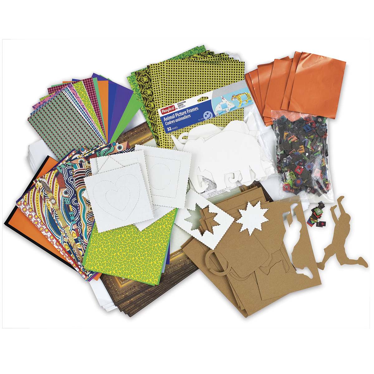 Roylco Remnants Value Pack - Top view of stacks of various color papers and forms