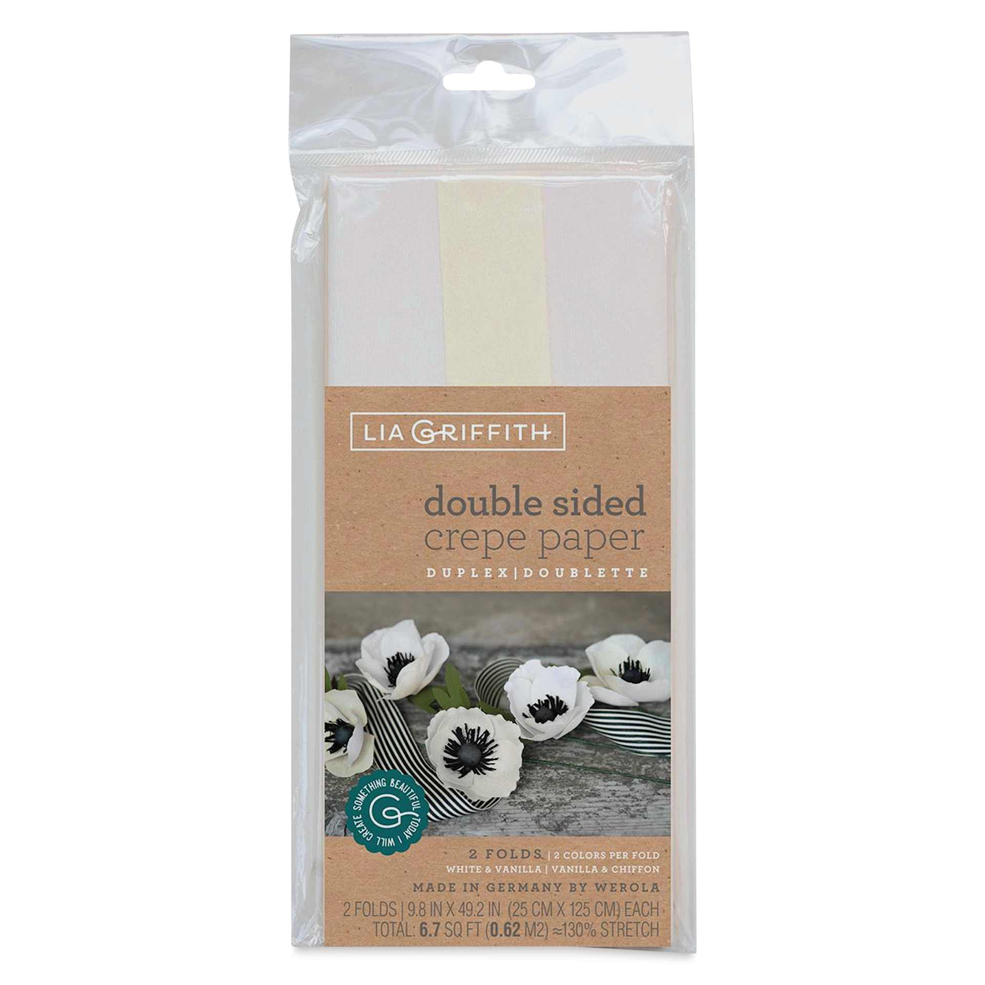 Lia Griffith Crepe Paper - Extra Fine, Double Sided, White and Vanilla, Set of 2 Rolls front of packaging