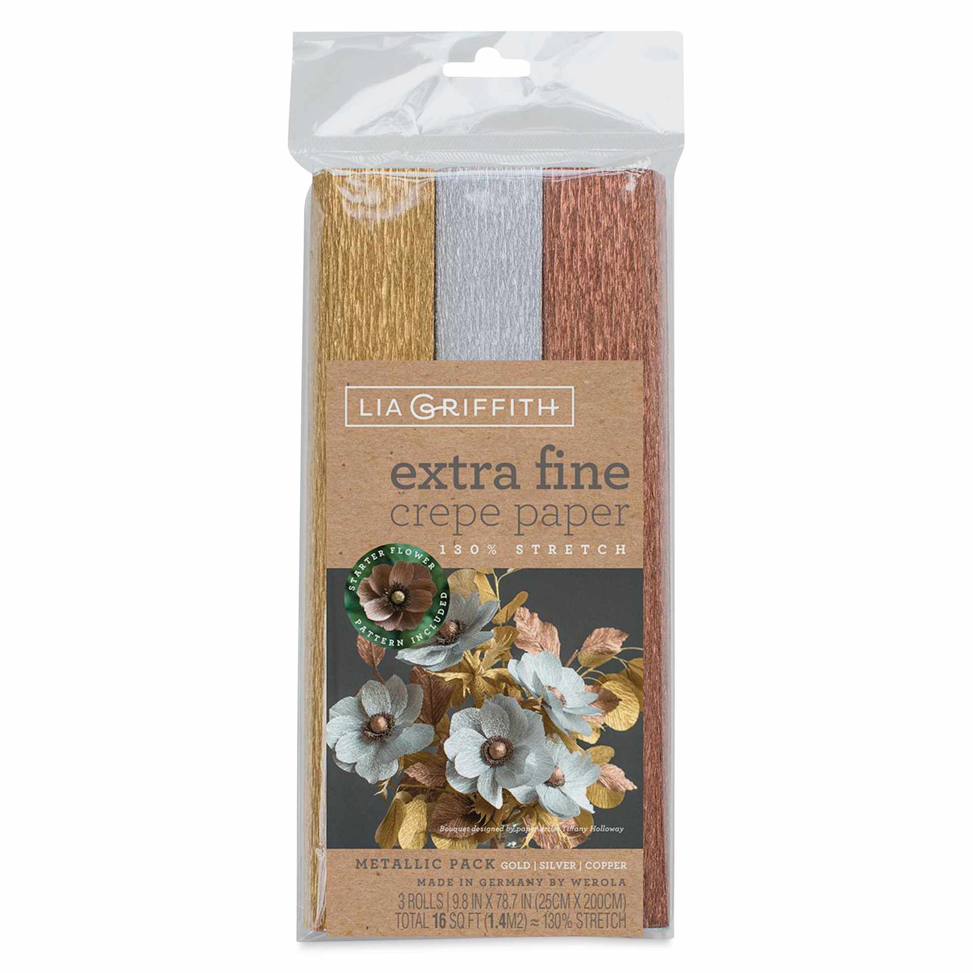 Lia Griffith Crepe Paper - Extra Fine Half Sheets, Metallic, Pkg of 3 front of packaging