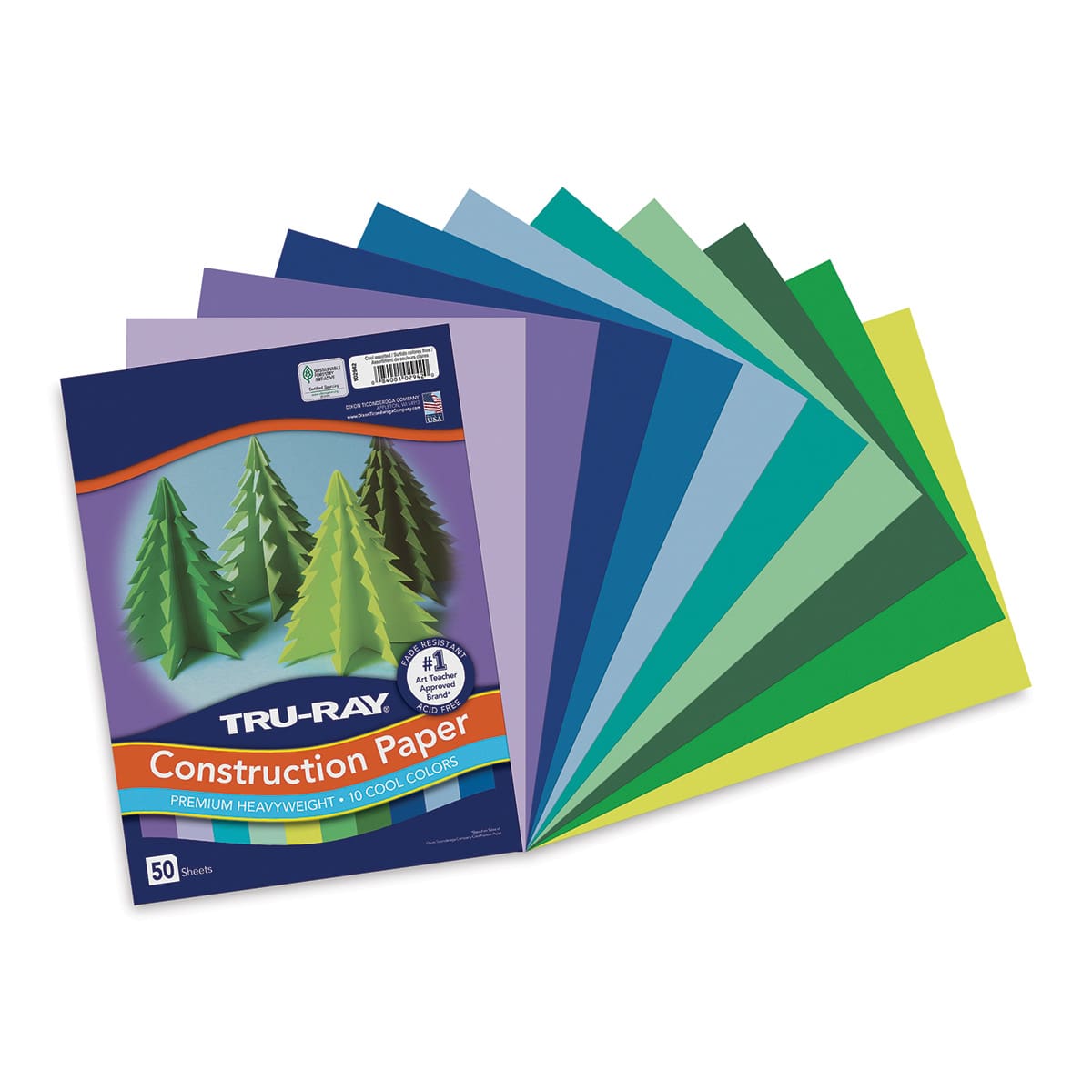 Pacon Tru-Ray Construction Paper - 9" x 12", Assorted Cool Colors, 50 Sheets (cover sheet with included colored paper)