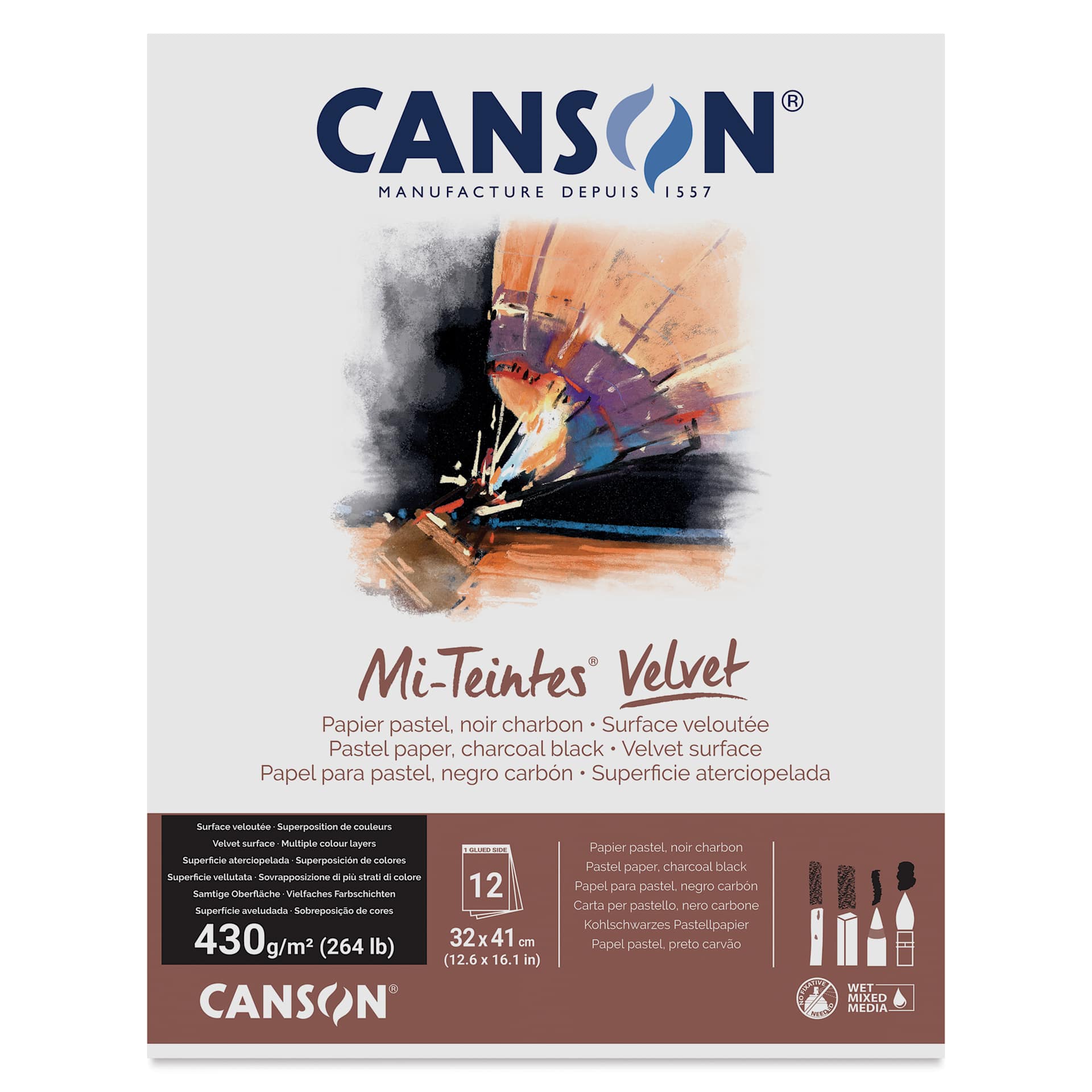 Canson Mi-Teintes Velvet Paper Pad - 12.6" x 16.1", Charcoal Black, 12 Sheets, front cover Canson Mi-Teintes Velvet Paper Pad - 12.6" x 16.1", Charcoal Black, 12 Sheets, front cover
