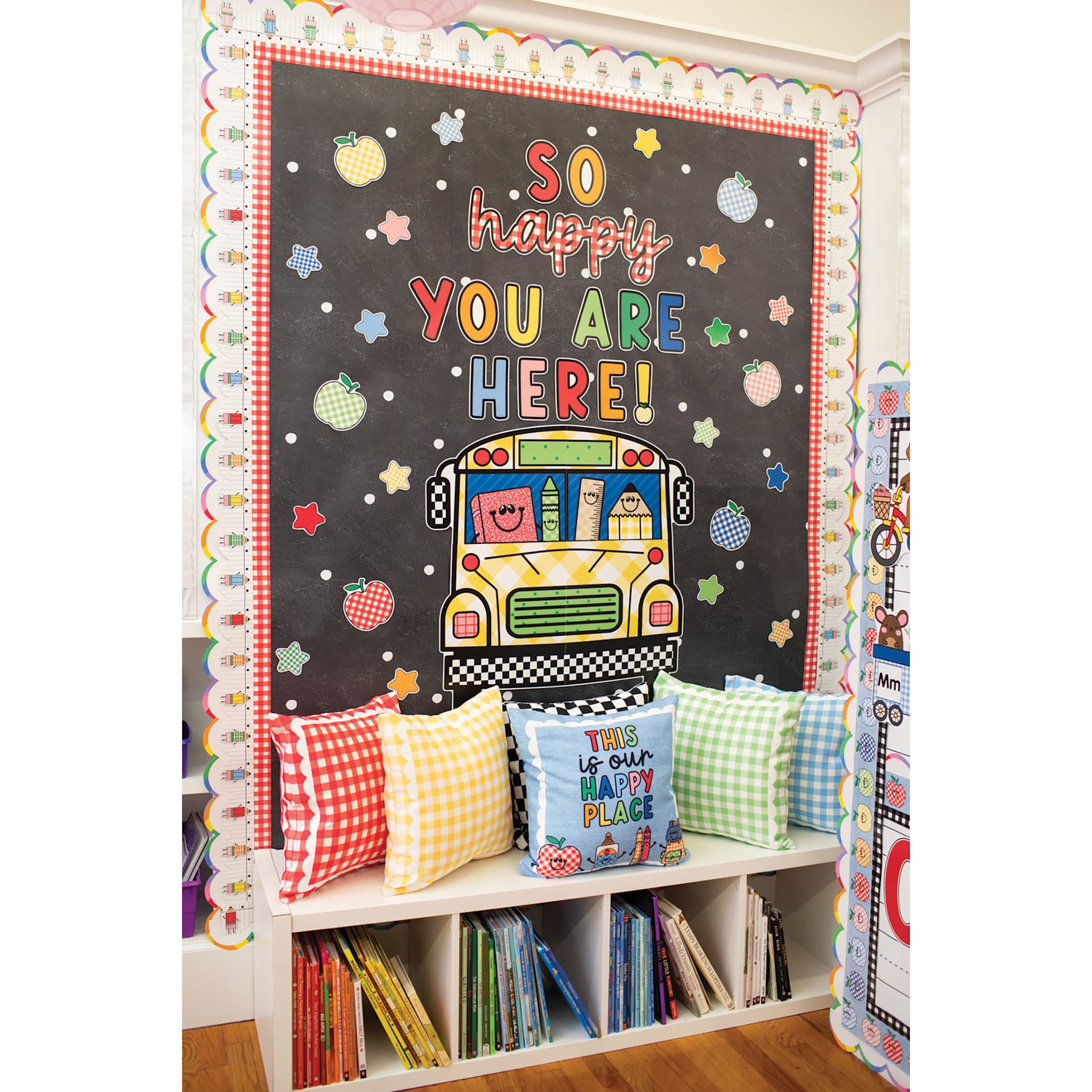 Fadeless Schoolgirl Style Bulletin Paper - Chalk and Dots, 47-1/4" x 25' Roll, example in classroom