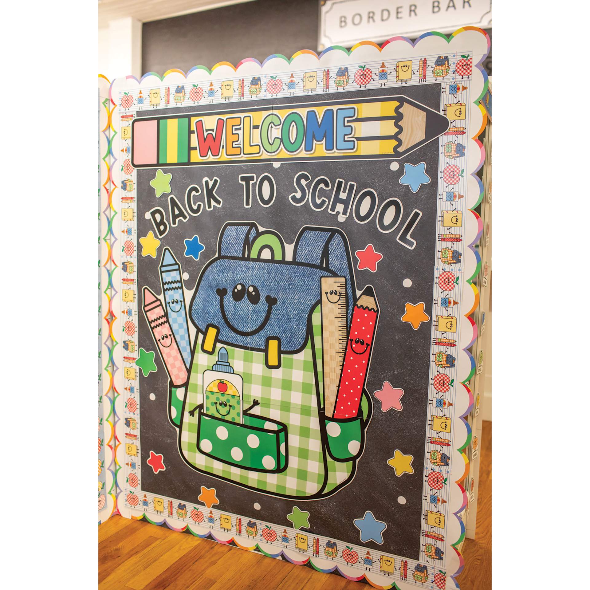 Fadeless Schoolgirl Style Bulletin Paper - Chalk and Dots, 47-1/4" x 25' Roll, example bulletin