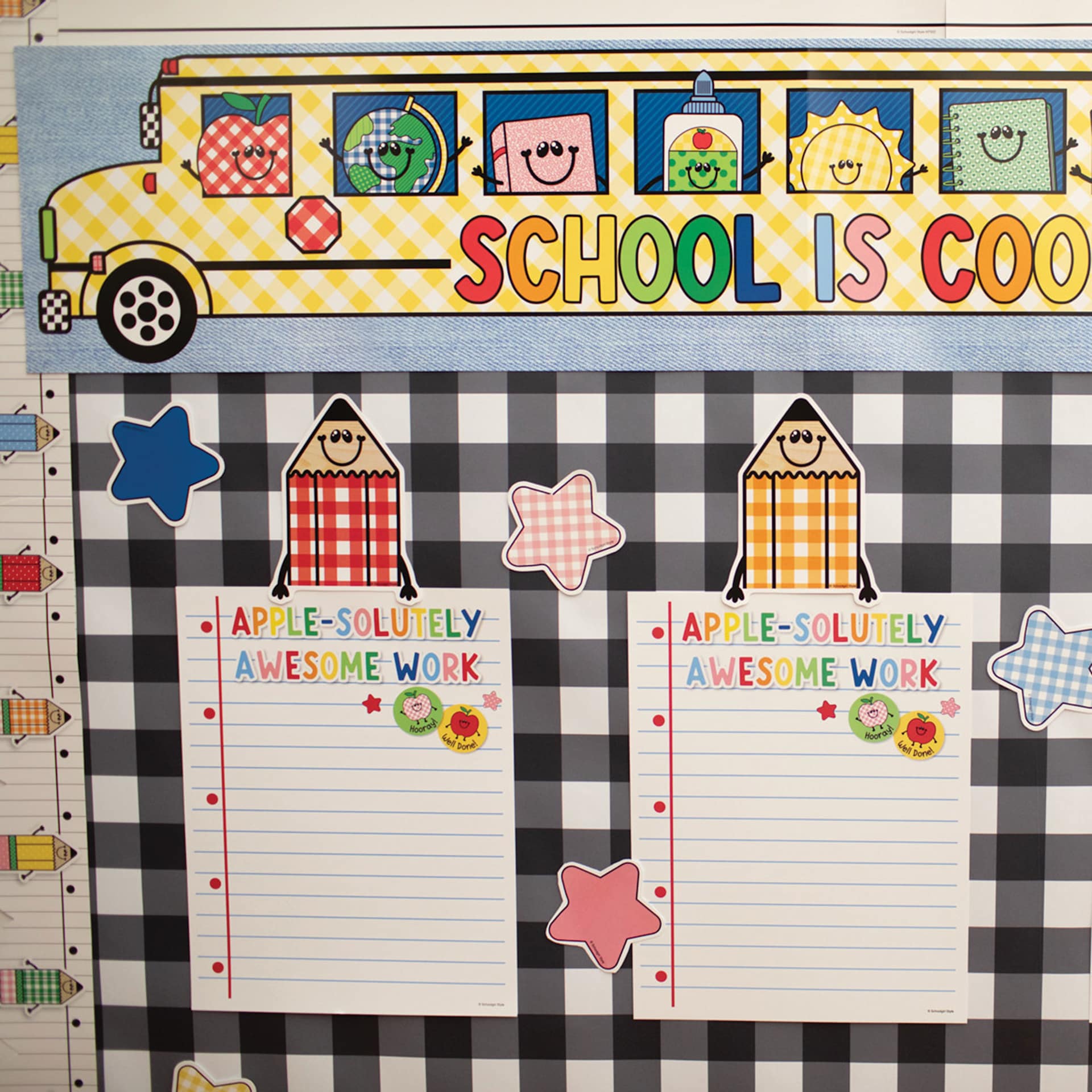 Fadeless Schoolgirl Style Bulletin Paper - Black Cottage Gingham, 47-1/4" x 25' Roll, bulletin board in classroom