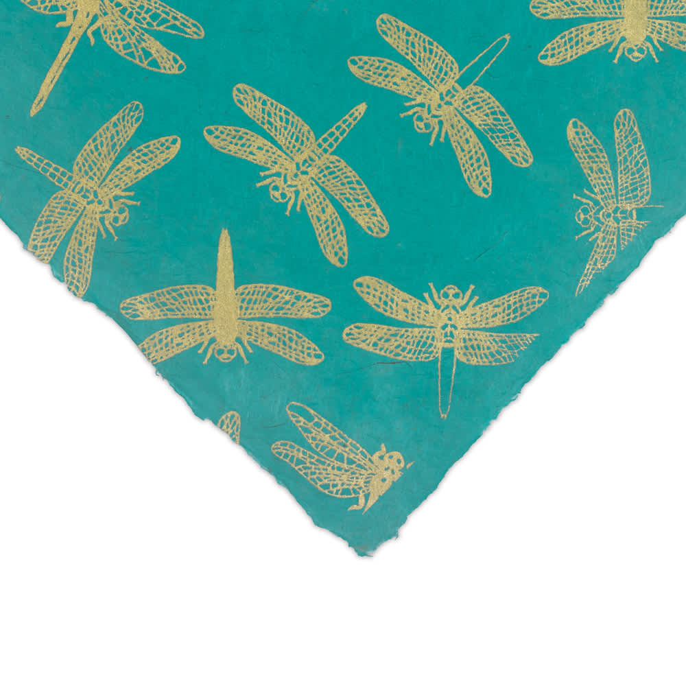 Lokta Paper - Dragonfly, Gold and Green, 20" x 30", Single Sheet