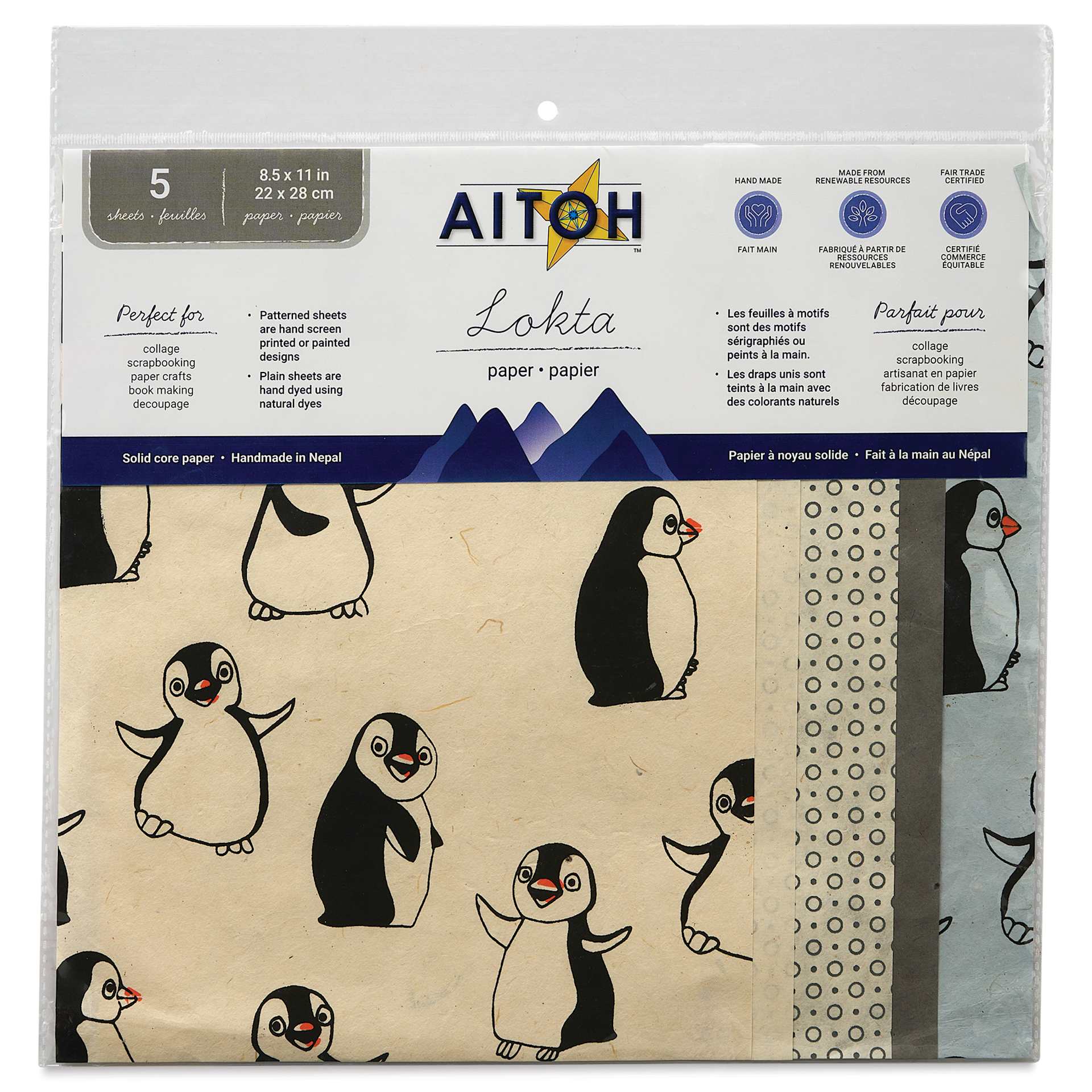 Aitoh Decorative Lokta Paper Pack - Penguins, 8-1/2" x 11", Pkg of 5, front of packaging