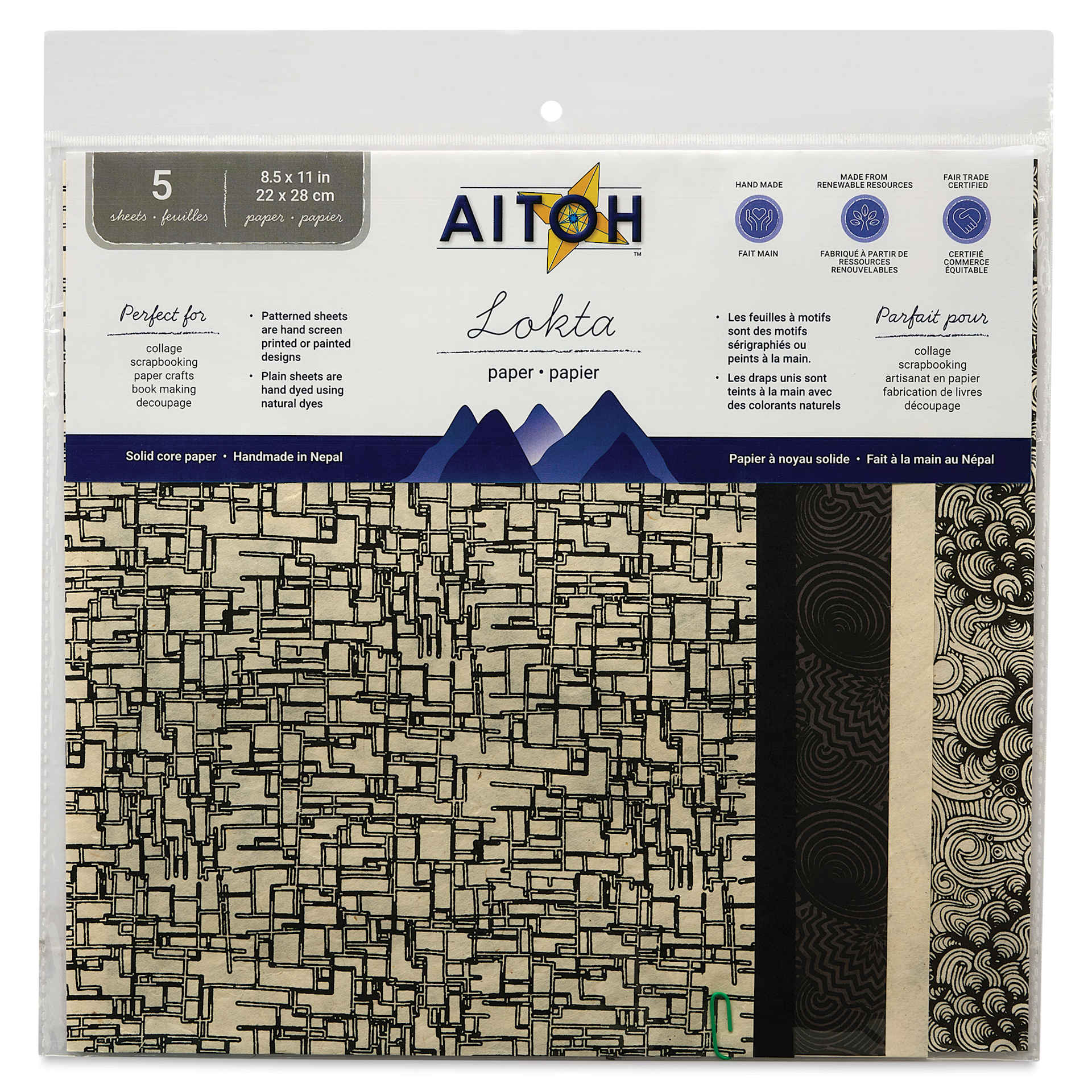 Aitoh Decorative Lokta Paper Pack - Black and White, 8-1/2" x 11", Pkg of 5, front of packaging