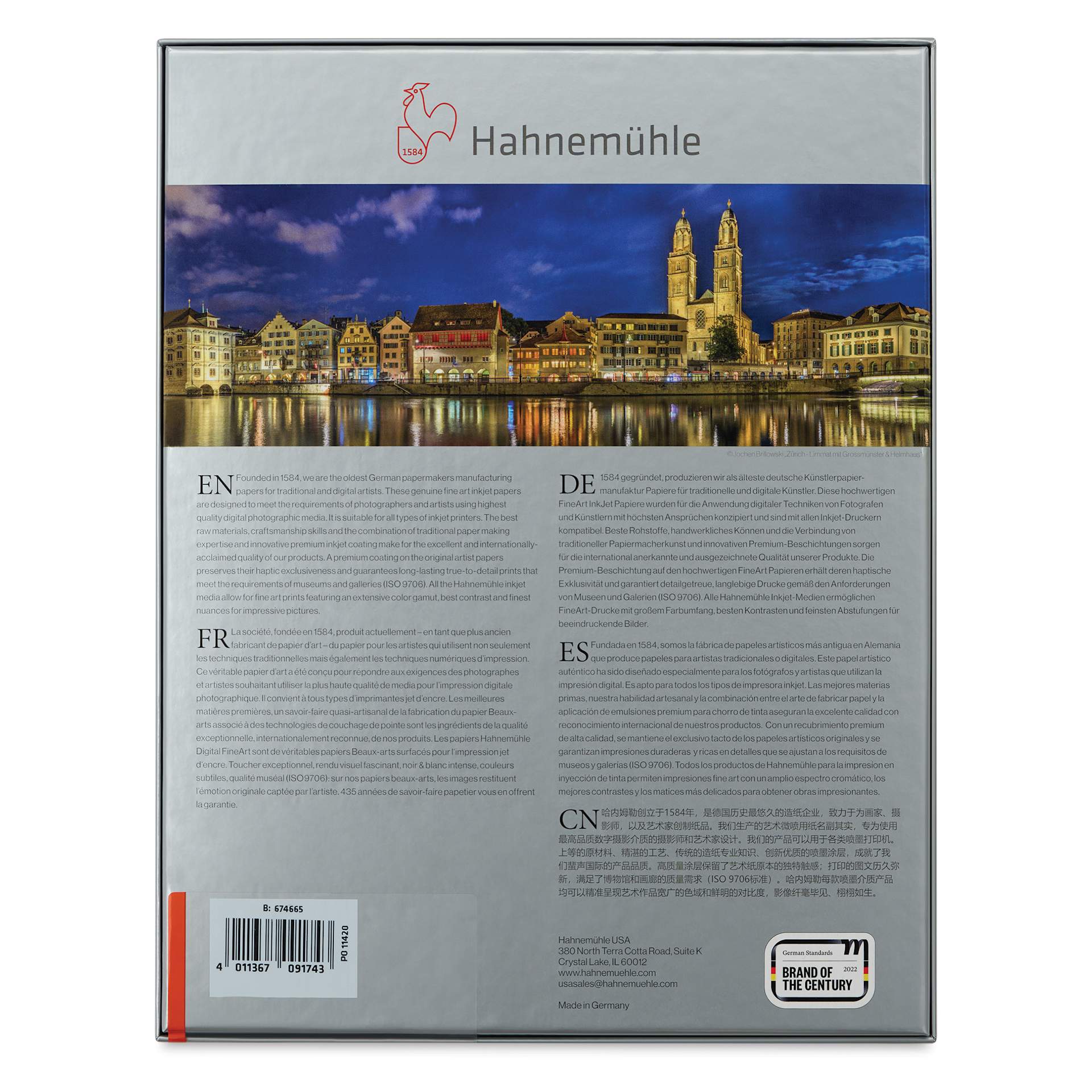 Hahnemuhle William Turner Inkjet Paper - 8-1/2" x 11", Deckle Edge, 25 Sheets, back of package