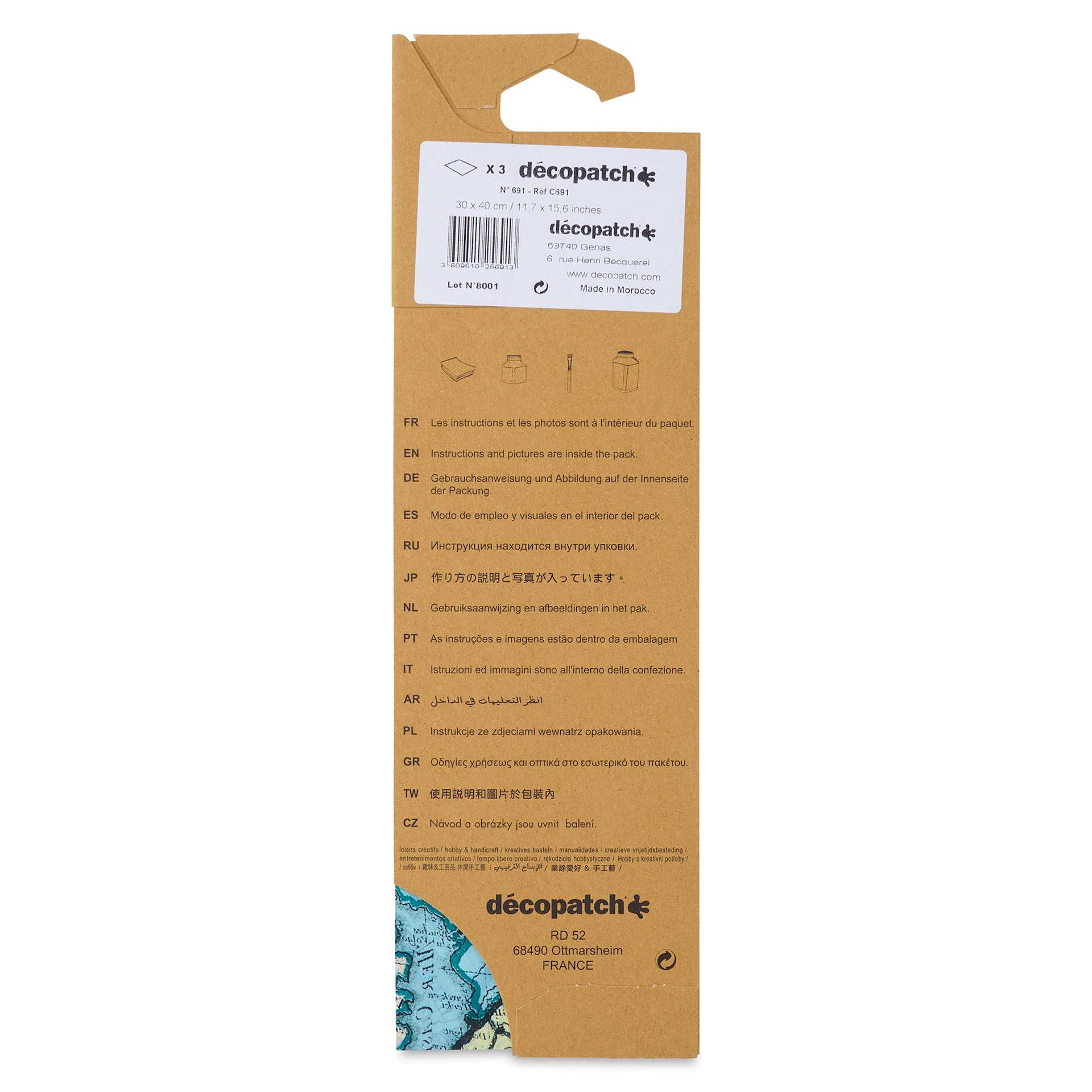 DecoPatch Decorative Papers - Map, Pkg of 3, back of the packaging
