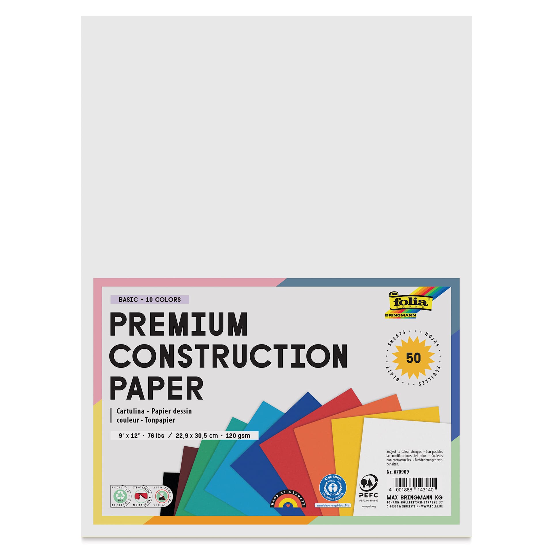Folia Premium Construction Paper - Pkg of 50, Assorted, 9" x 12", front of packaging with label