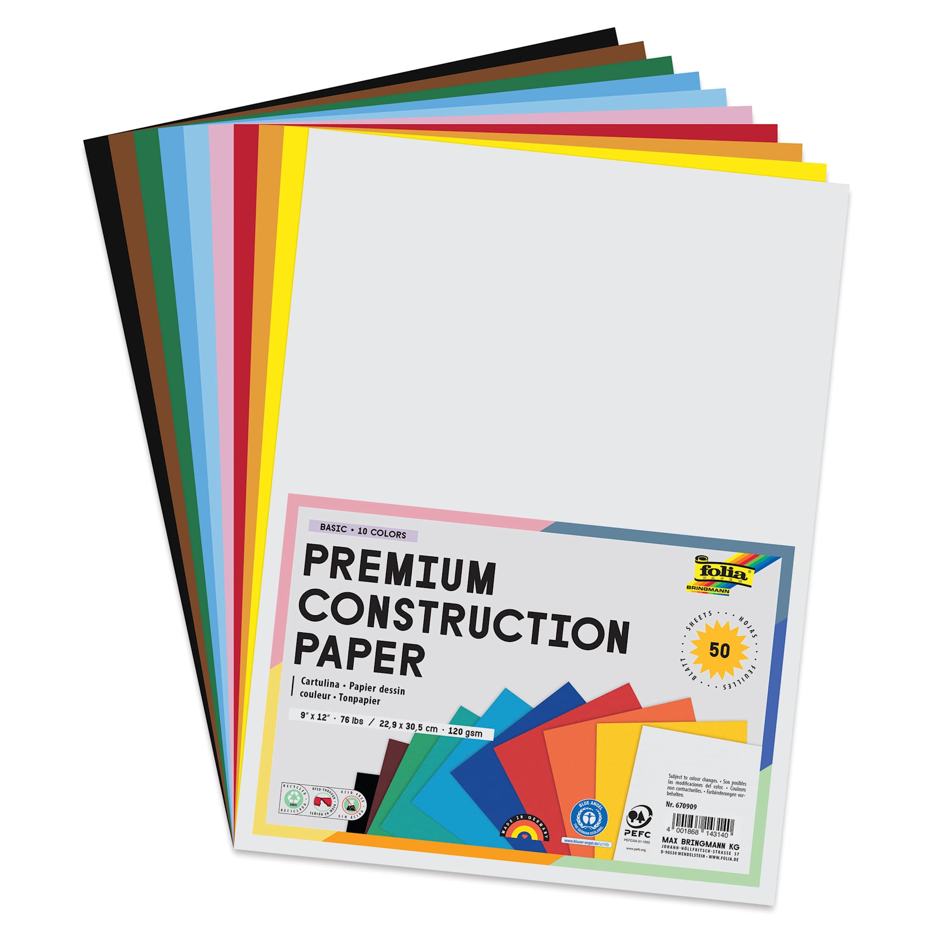 Folia Premium Construction Paper - Pkg of 50, Assorted, 9" x 12"