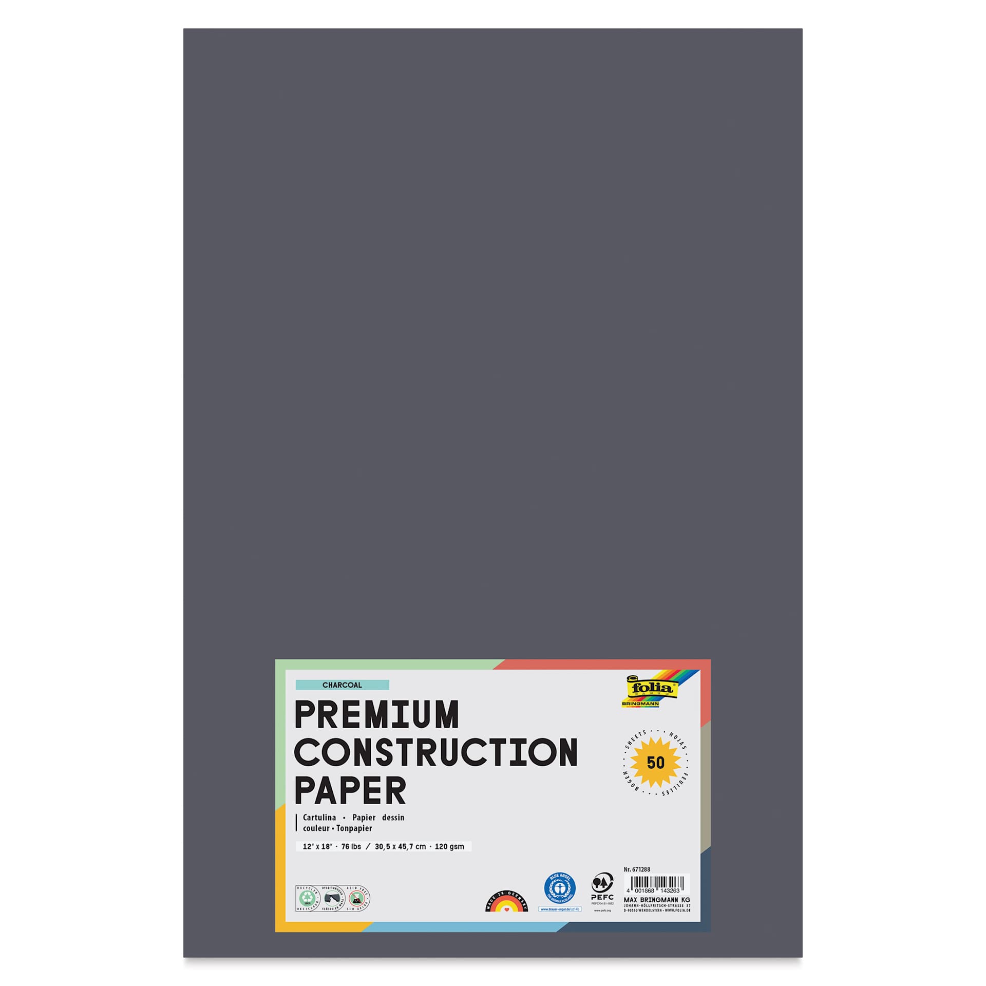 Folia Premium Construction Paper - Pkg of 50, Charcoal, 12" x 18", front of packaging
