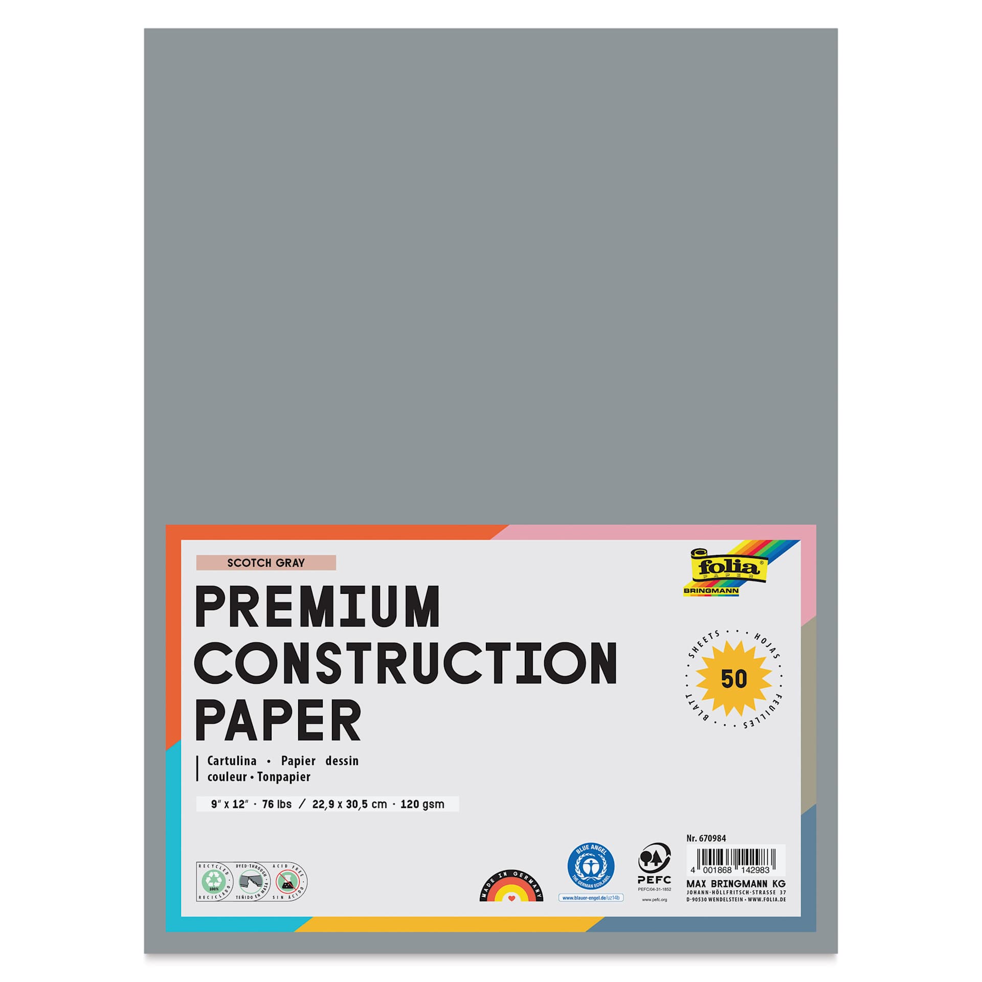 Folia Premium Construction Paper - Pkg of 50, Scotch Gray, 9" x 12", front of packaging