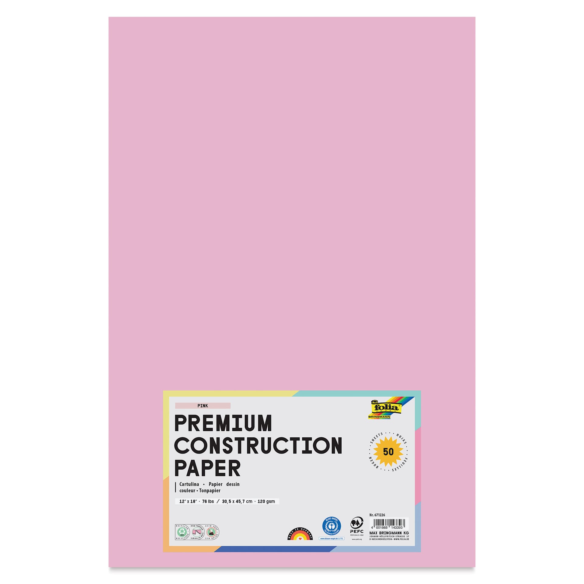 Folia Premium Construction Paper - Pkg of 50, Pink, 12" x 18", front of packaging