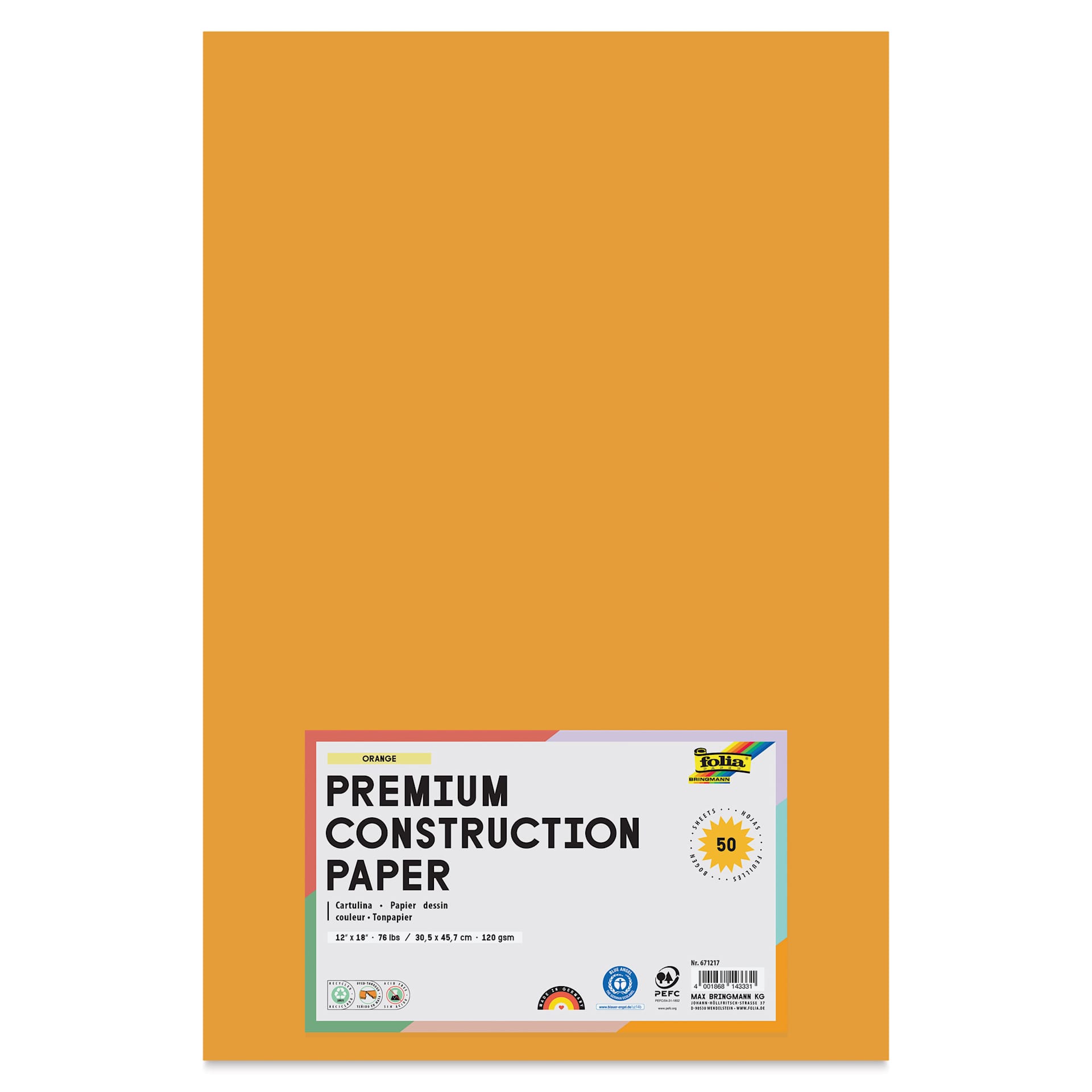 Folia Premium Construction Paper - Pkg of 50, Orange, 12" x 18", front of packaging
