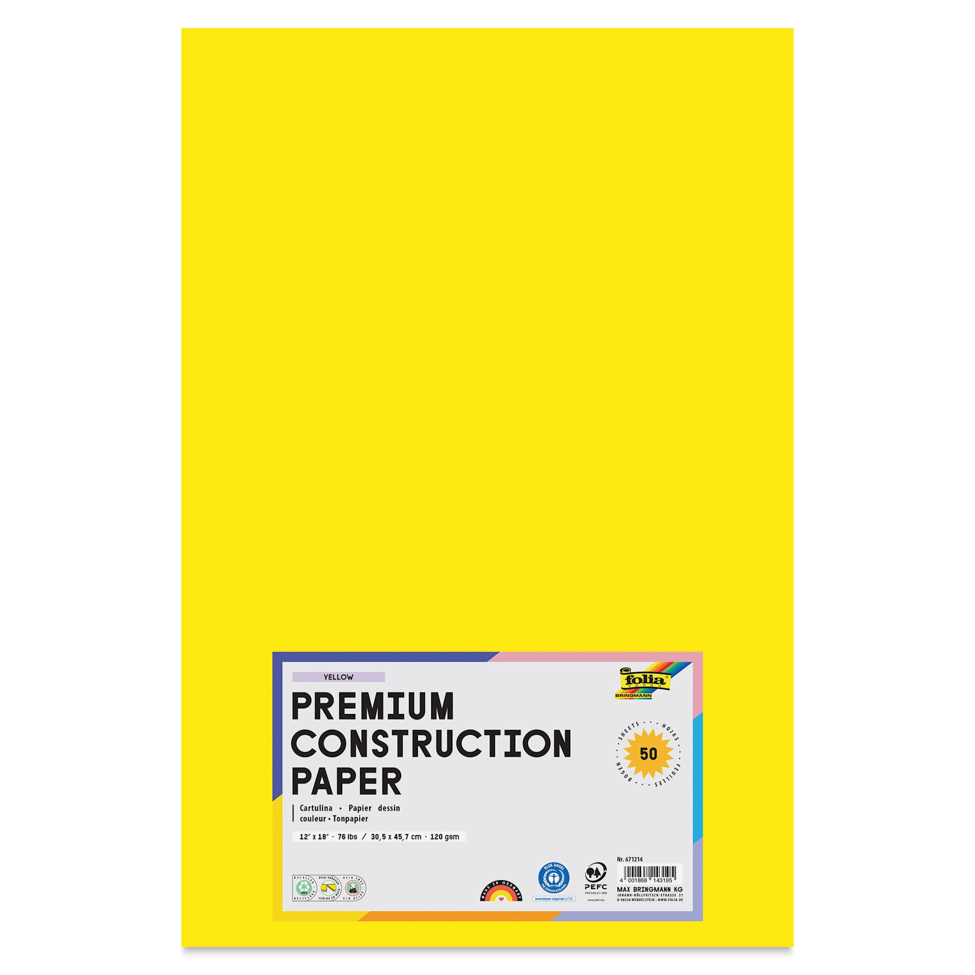 Folia Premium Construction Paper - Pkg of 50, Yellow, 12" x 18", front of packaging